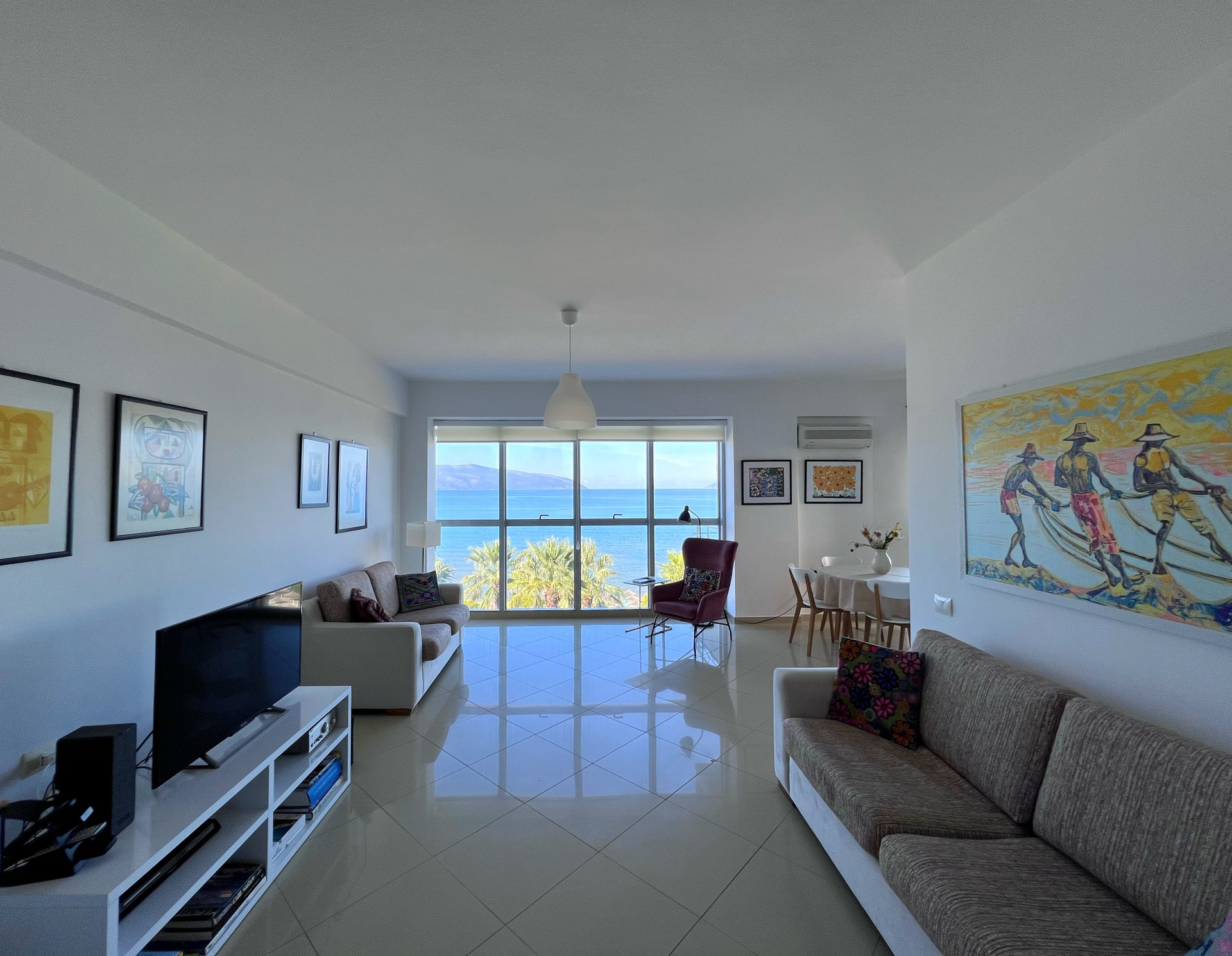 Open living room toward sea windows