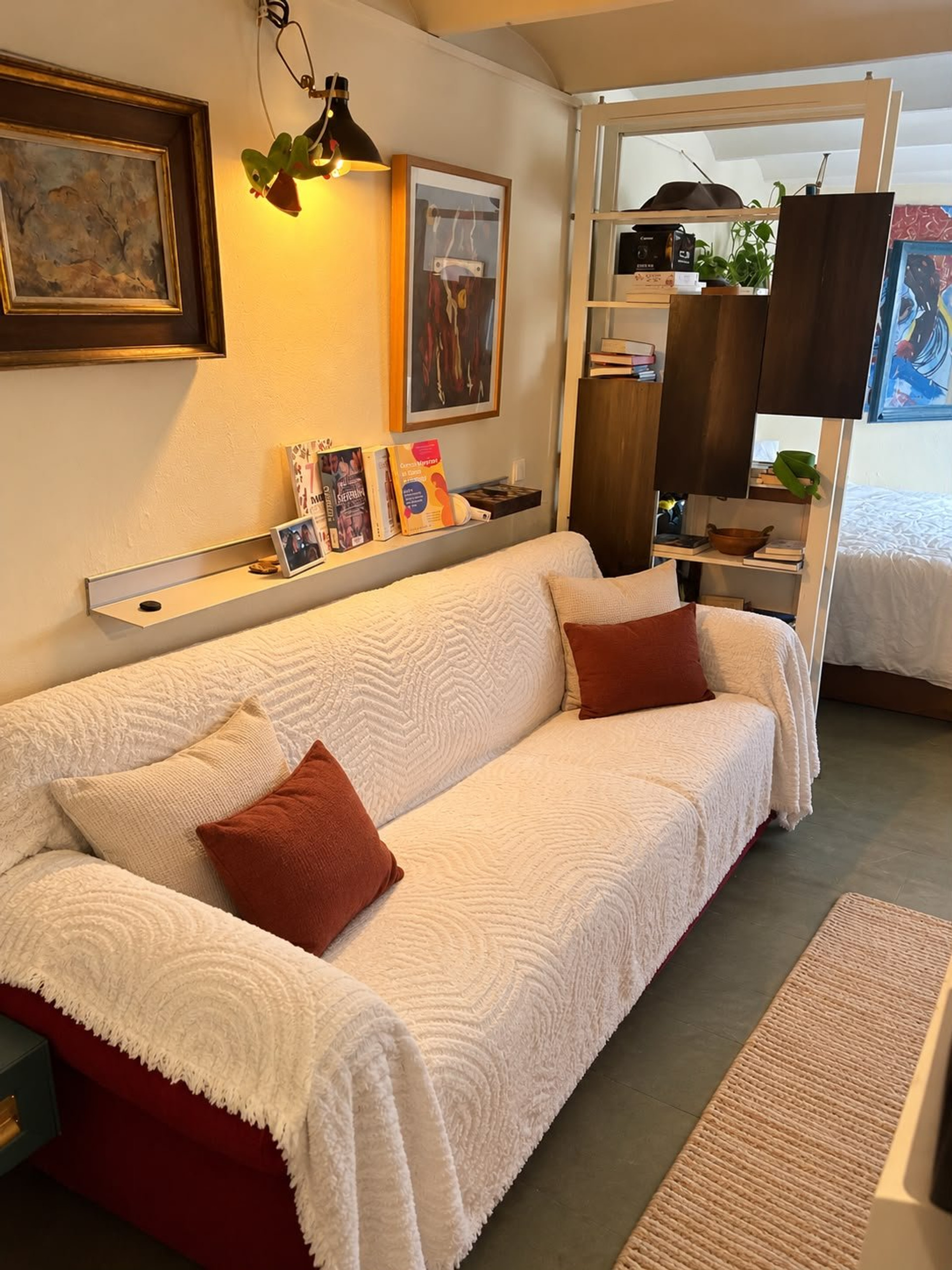 Living room with sofa and shelving