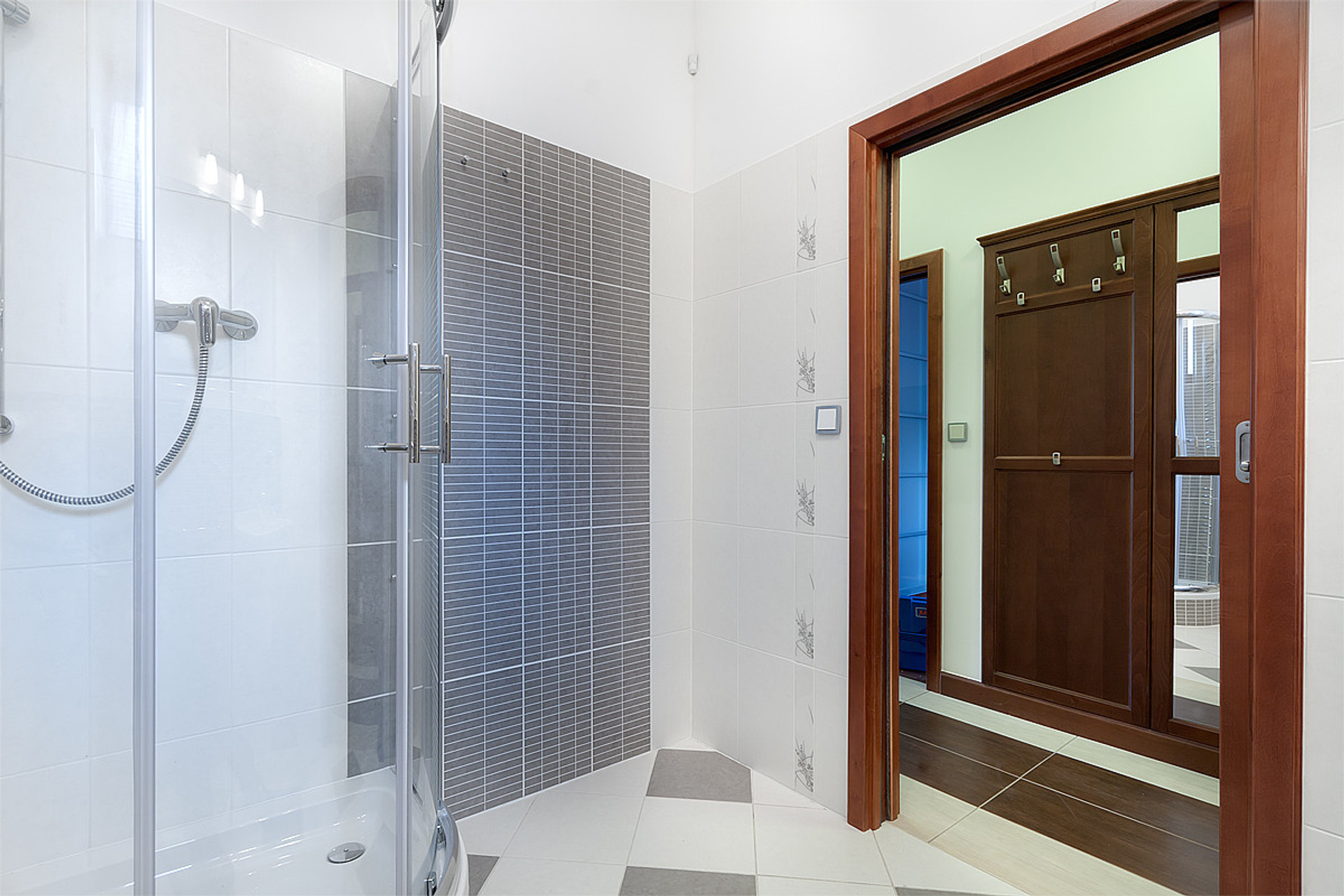 A view from the bathroom with sliding door