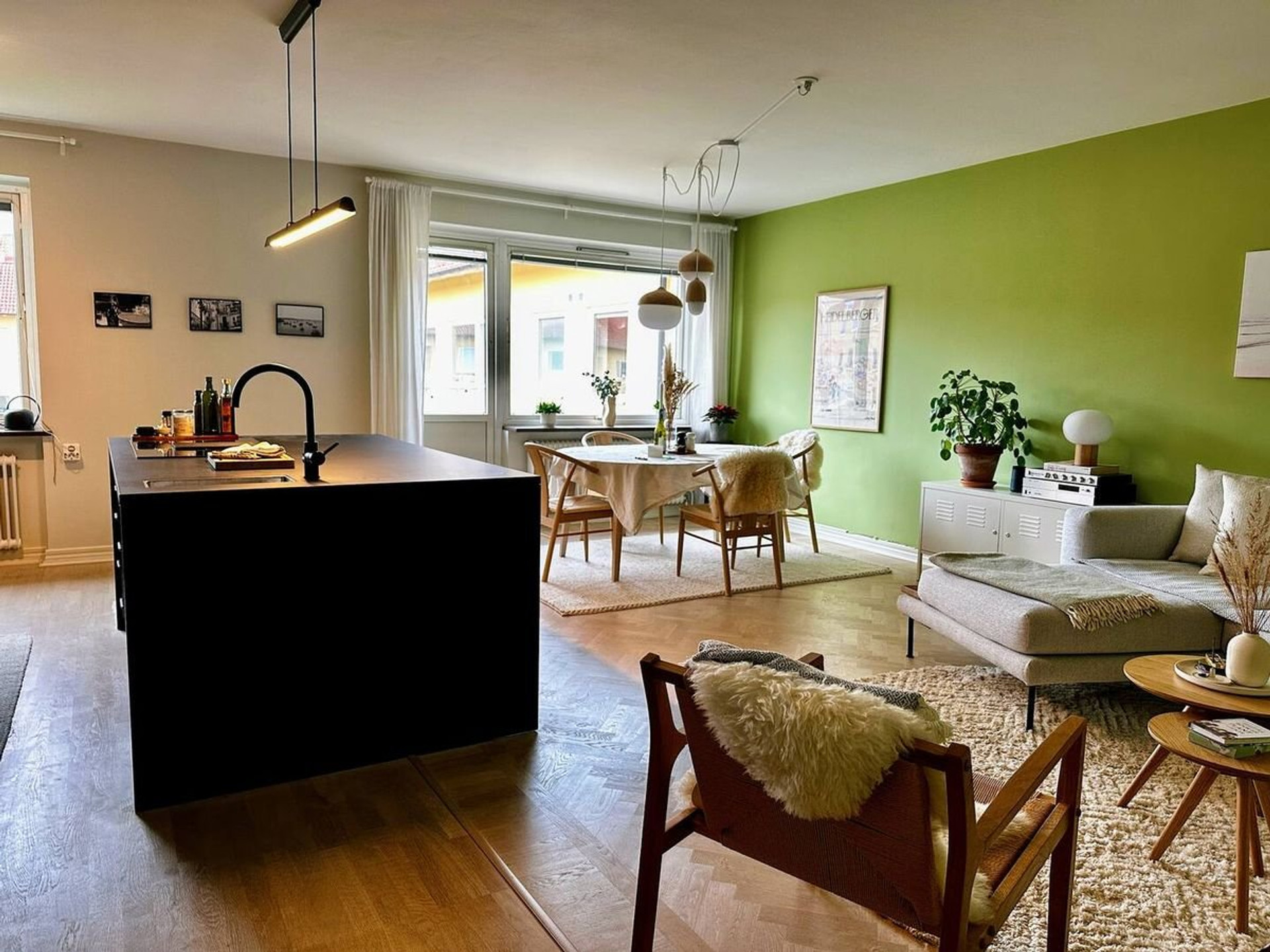 Large cooking, dining and living area