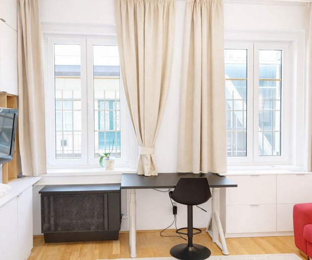 Bright home office with neutral tones