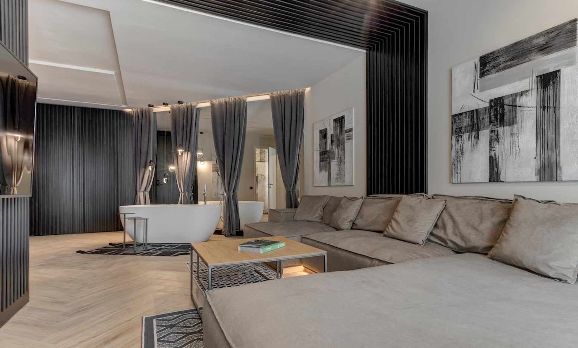 Living room, Seating area, Bathtub