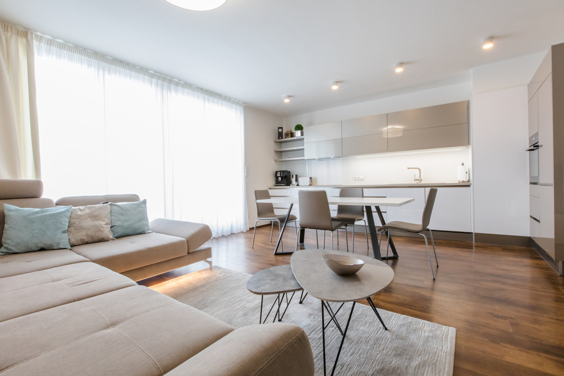 Kitchen & Living room with direct access to the terrace oriented to the South. All windows within the apartment have installed electric blinds.