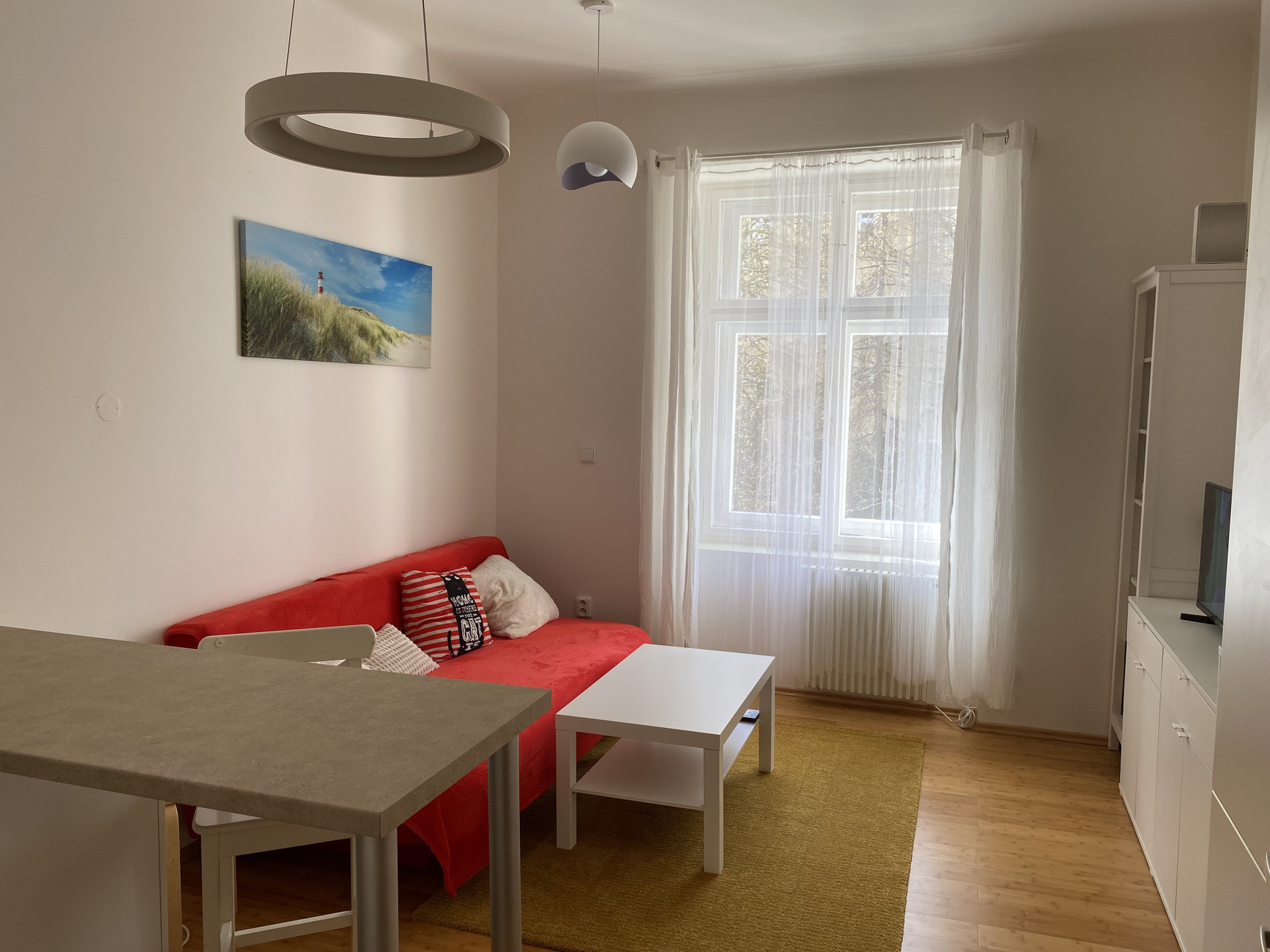 Living room with red sofa