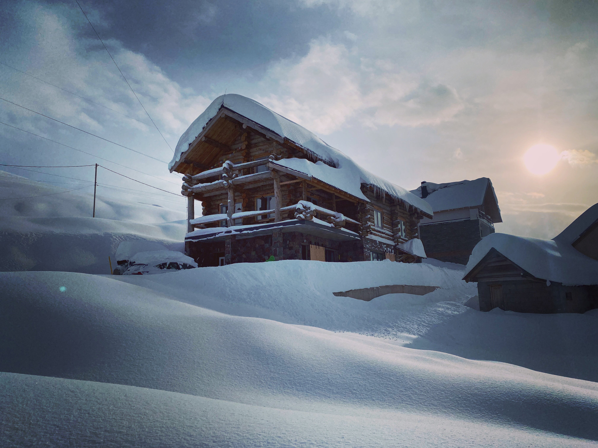 Snowy chalet exterior view