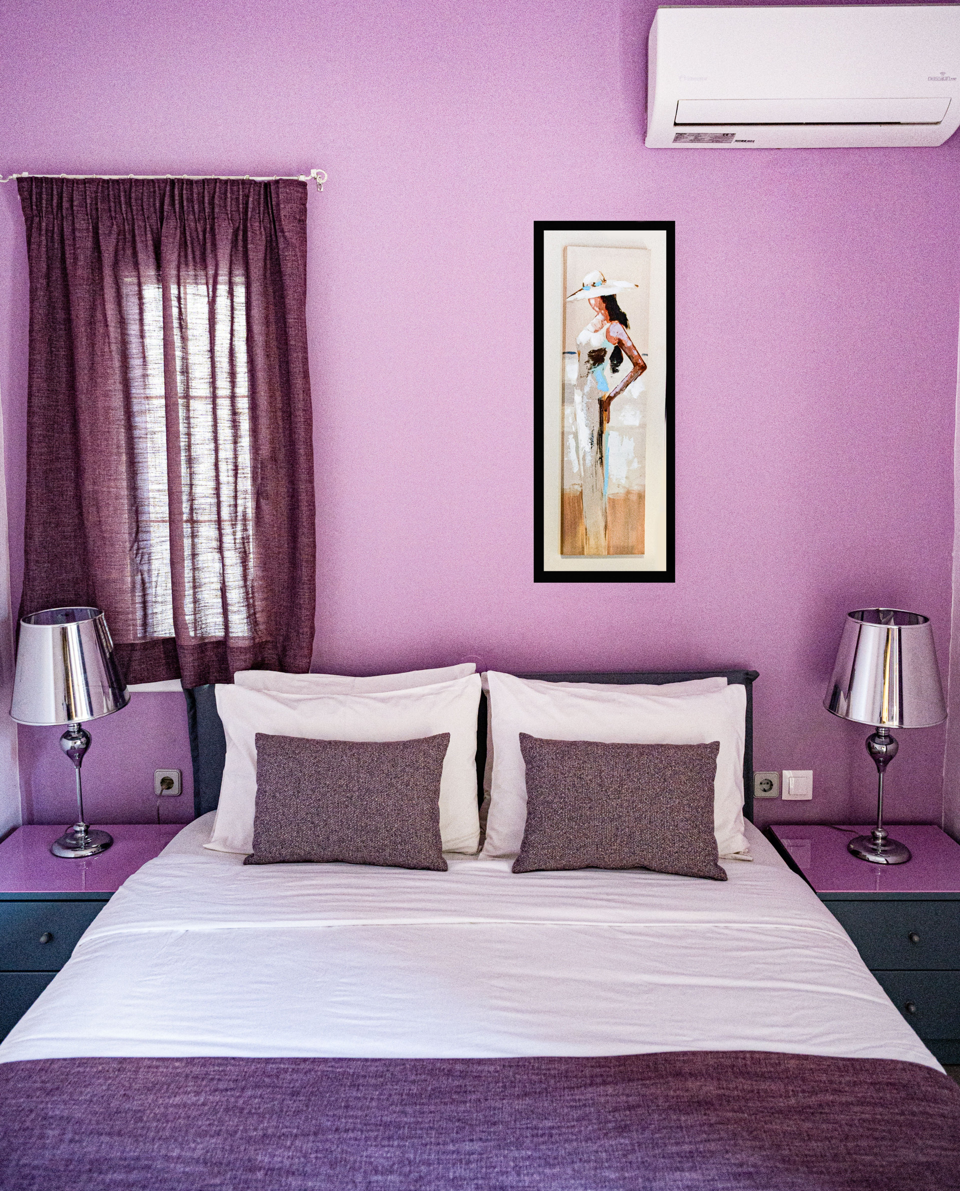 Purple bedroom with AC unit