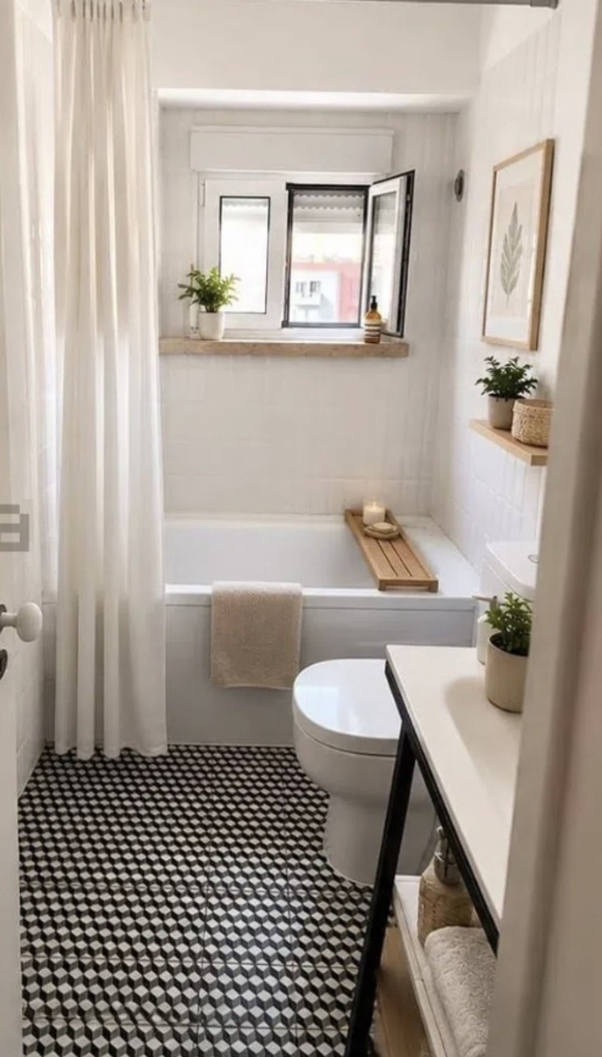 Bathroom with tub and geometric tiles