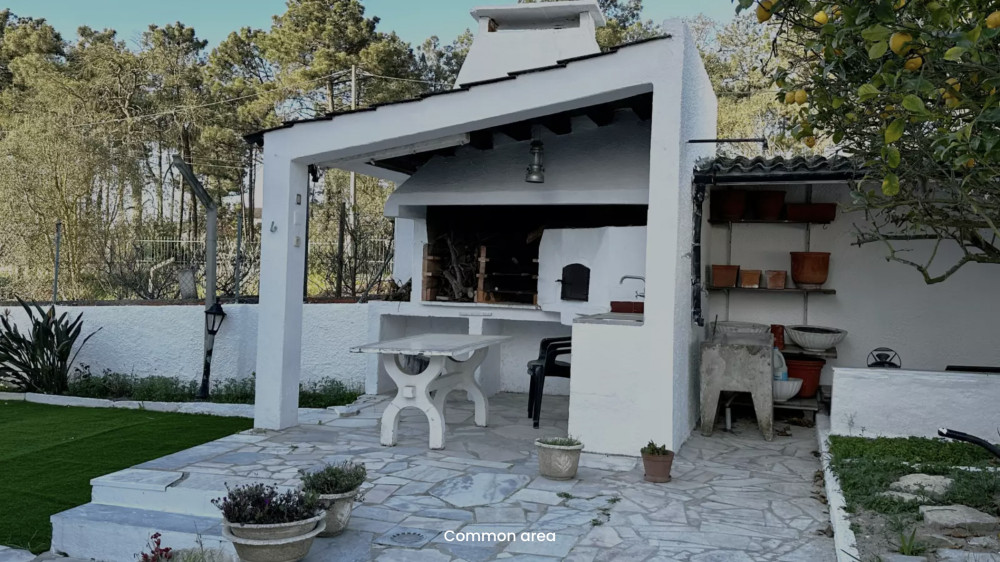 Room in a house with garden and barbecue