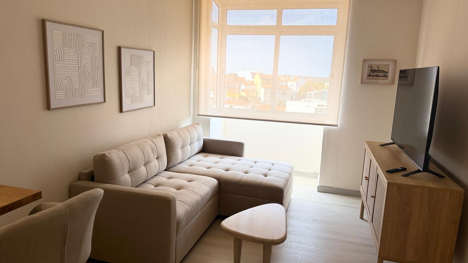 Sofa and TV by window
