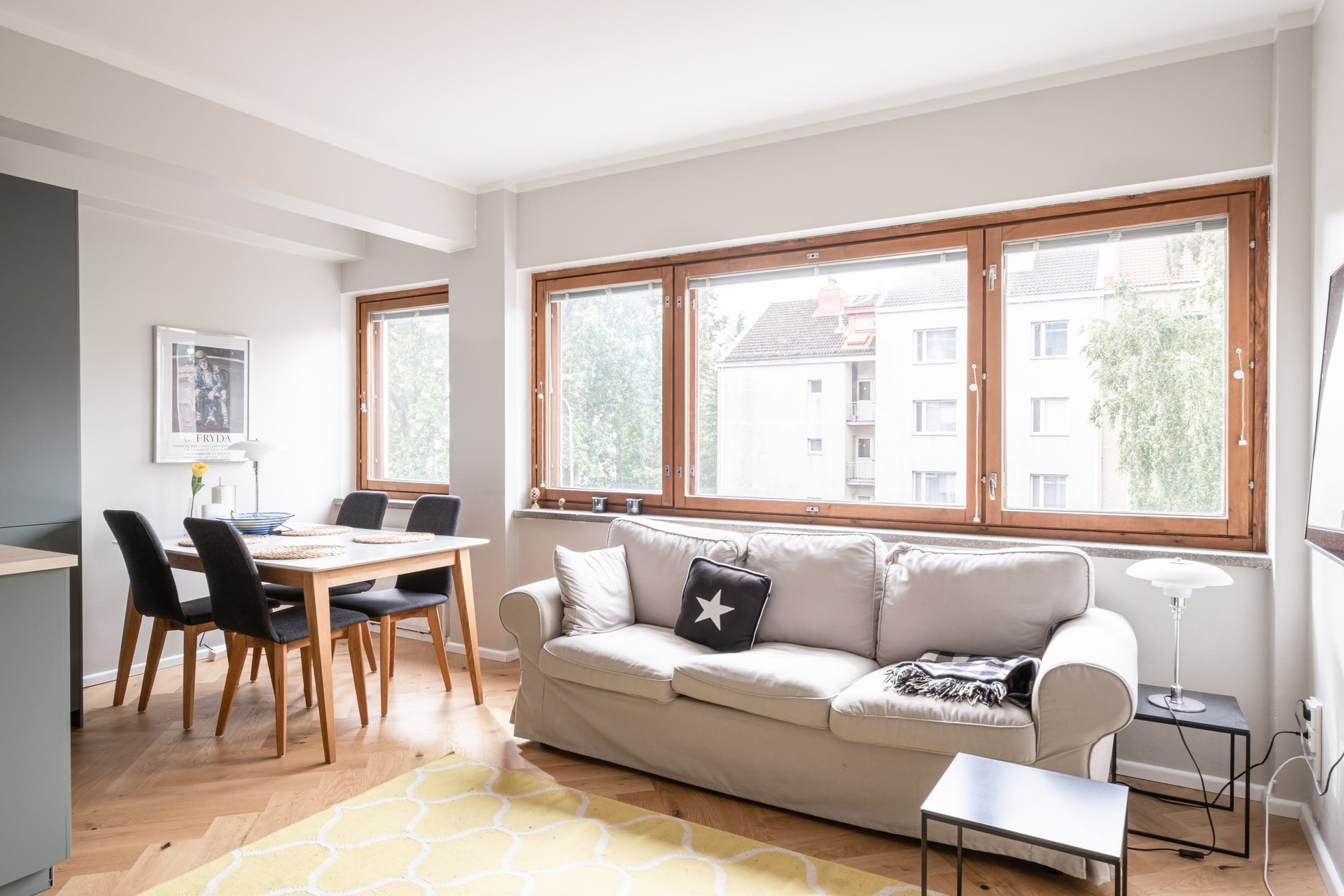 Bright living room with dining table