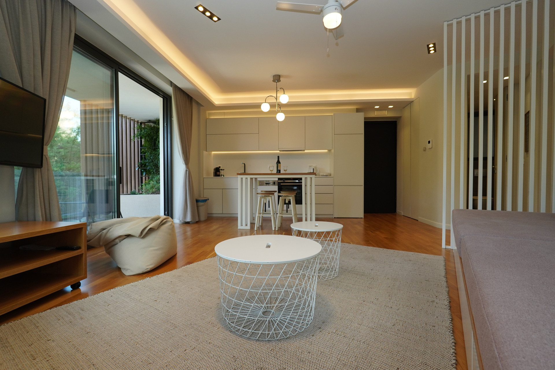 Spacious living room with kitchen
