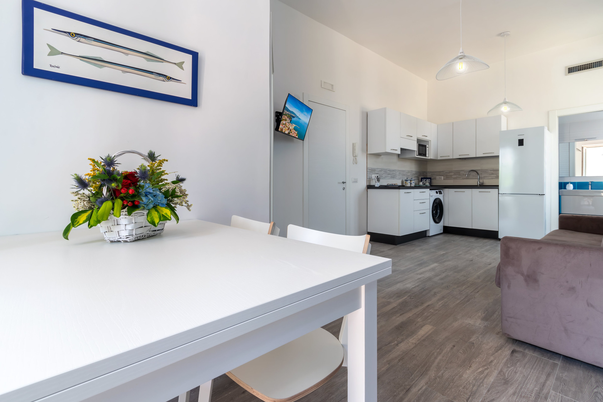 Dining table with kitchen view