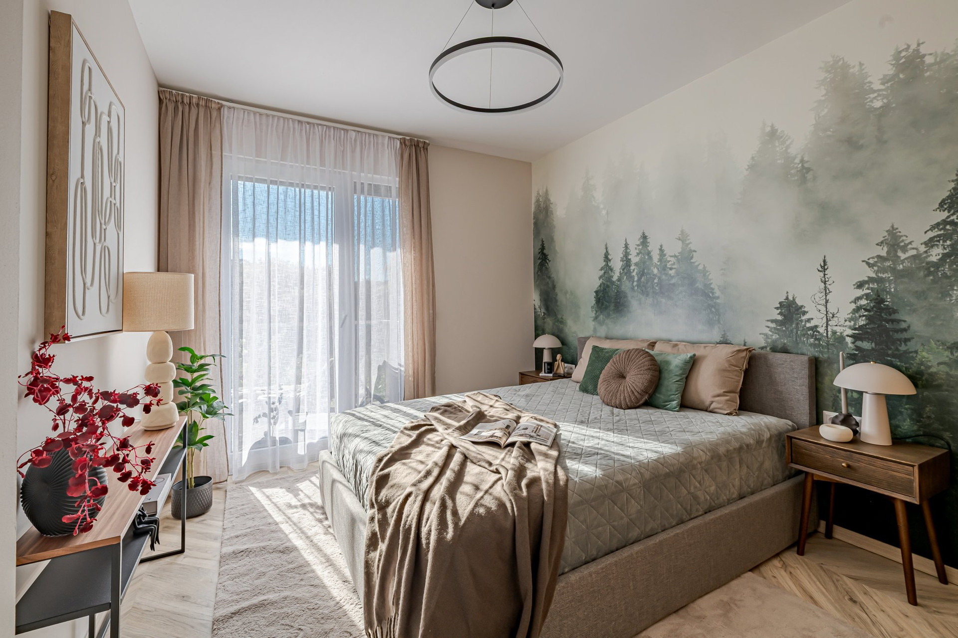 Bedroom with forest mural