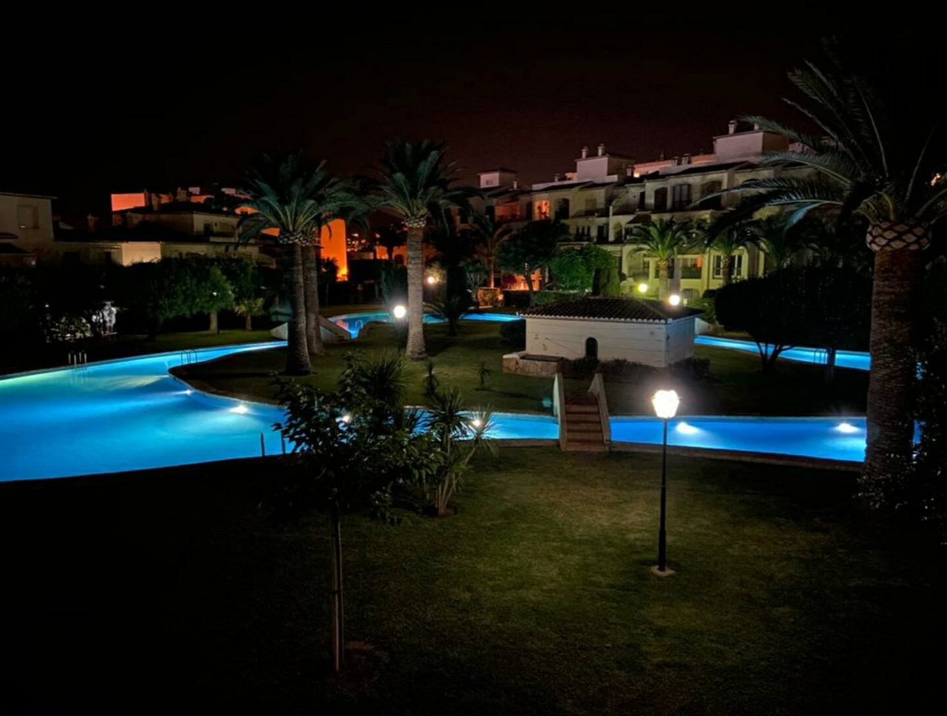 Pool illuminated at night