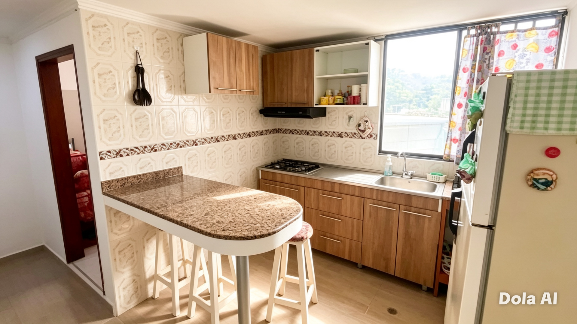 Kitchen with bar and stools