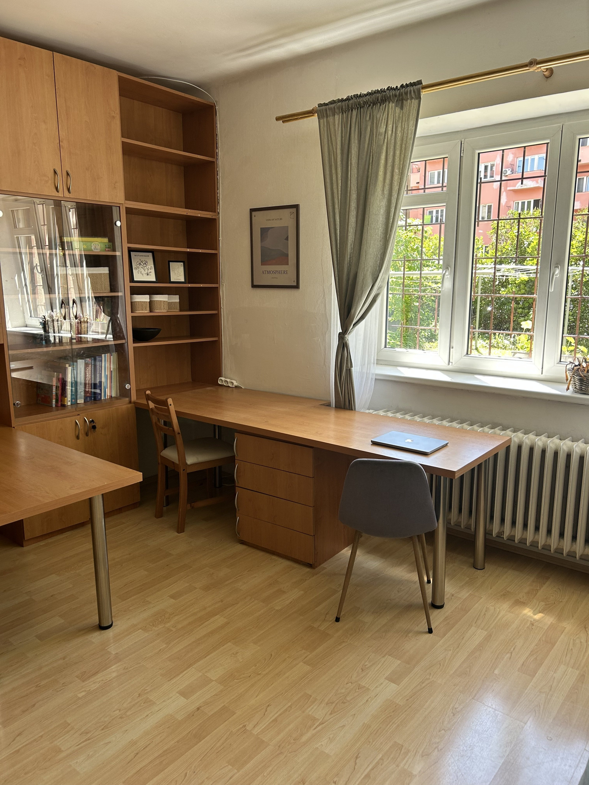 Bright study room with bookshelves