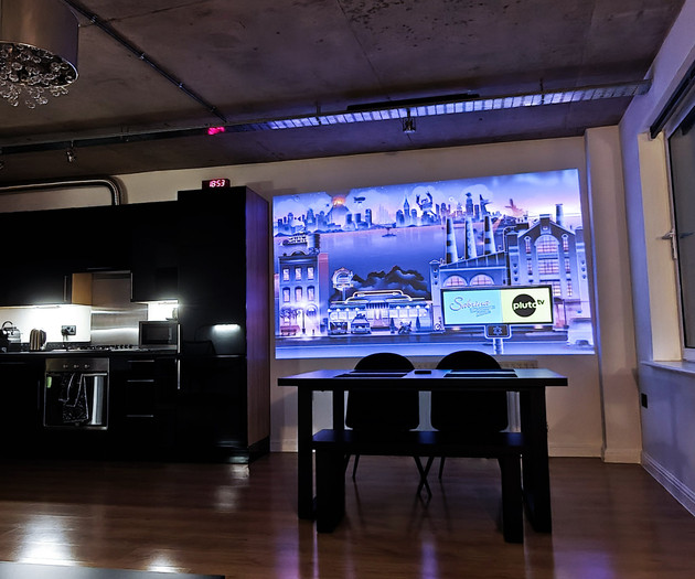 Projector screen with kitchen view