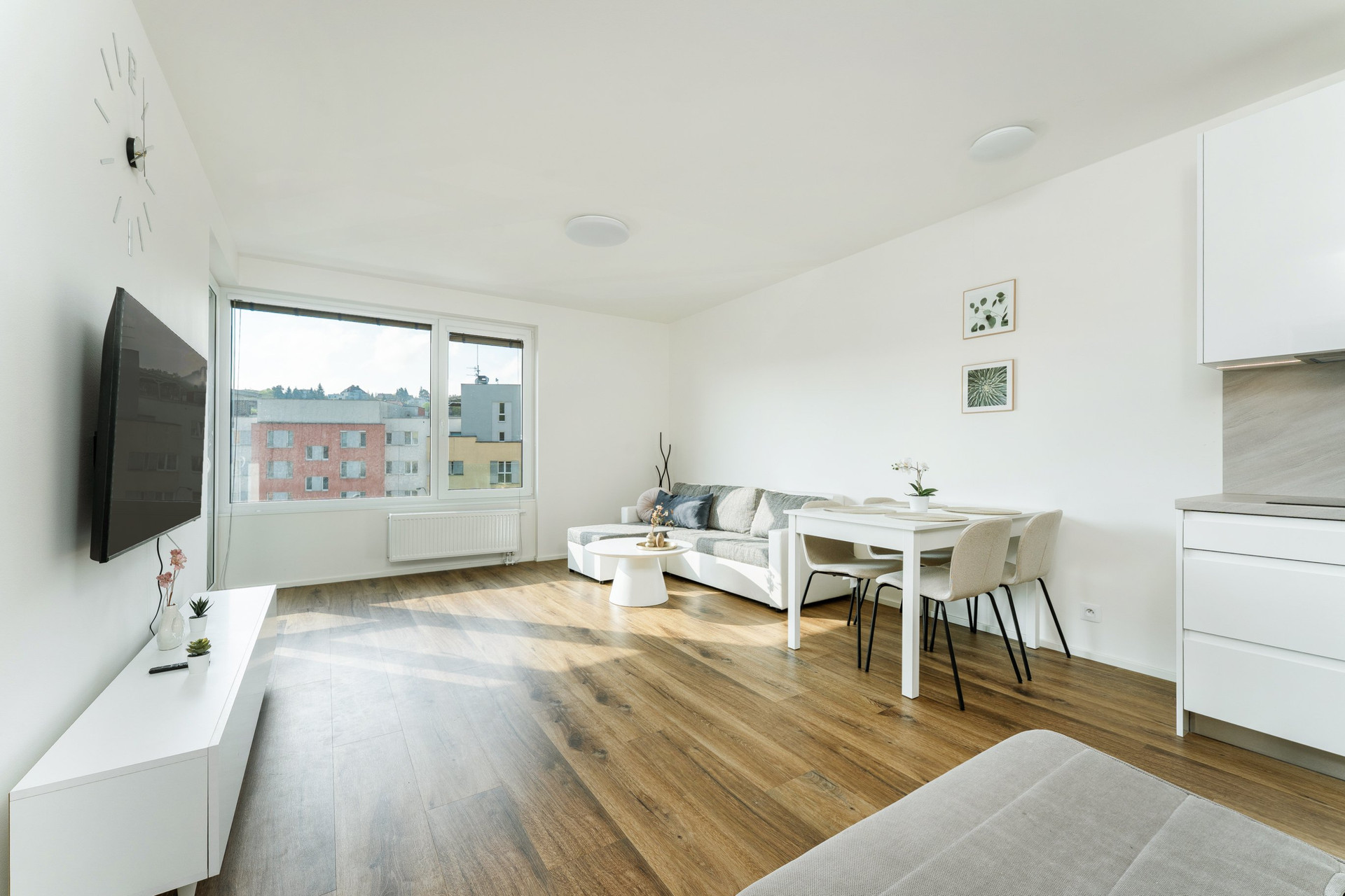 Living room with kitchen and TV
