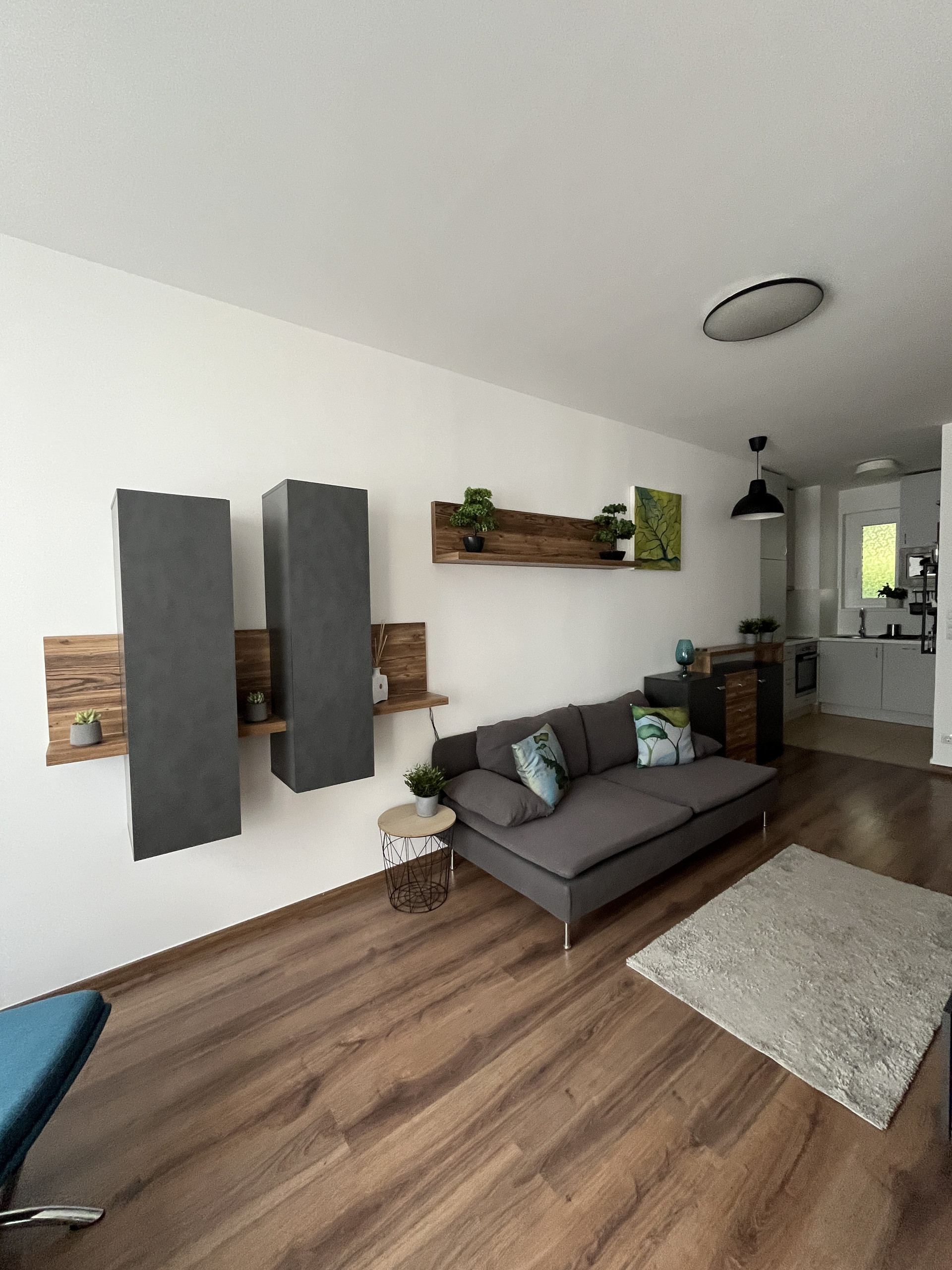 Living room with sofa and shelving