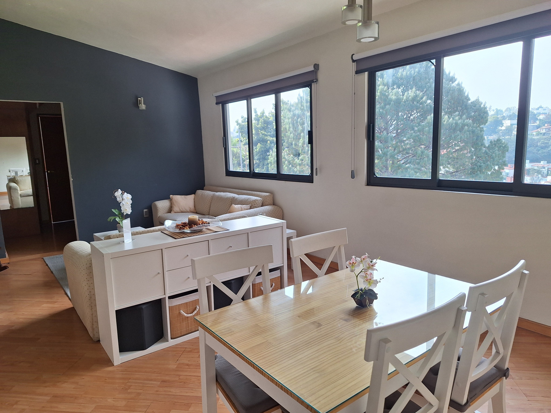 Dining and living area with views
