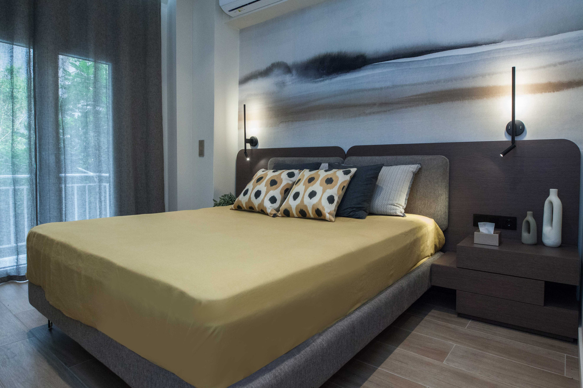 Second bedroom yellow bedding wall art