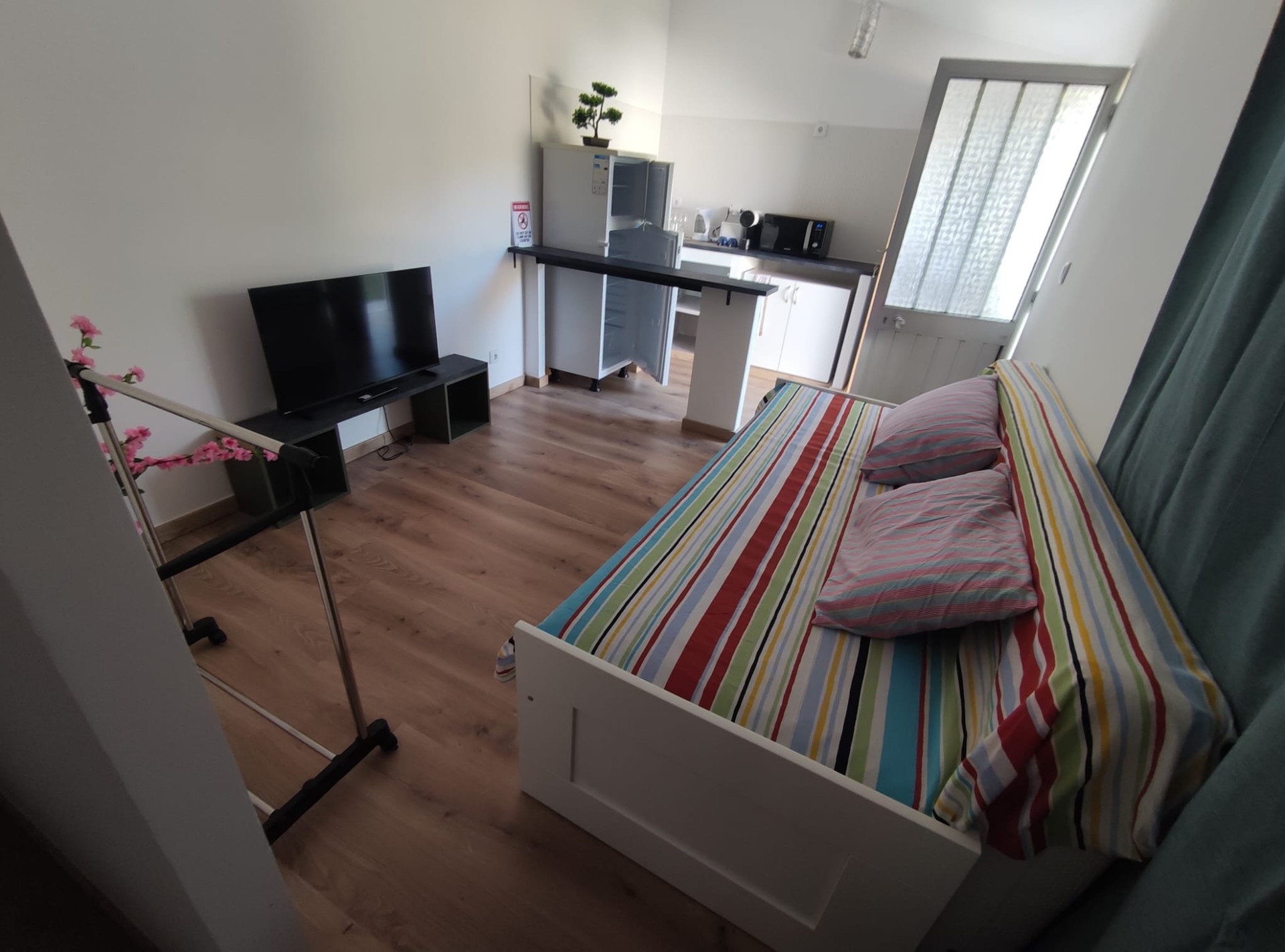 Open studio with bed and kitchen