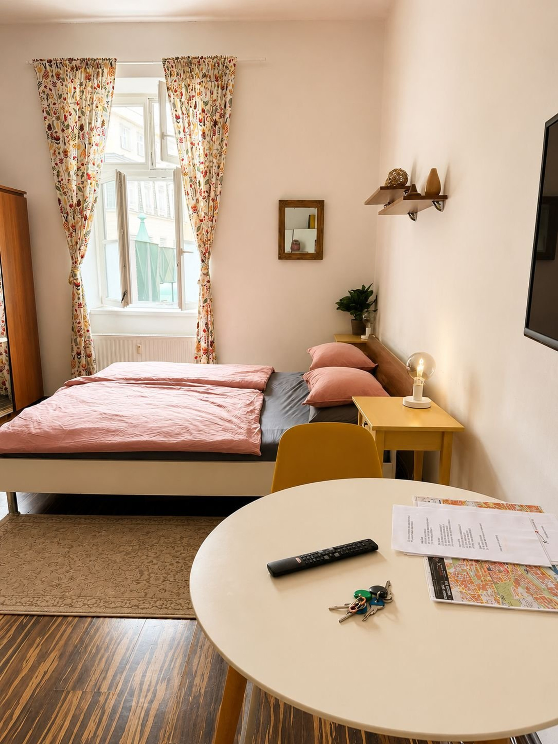 Bright bedroom with double bed