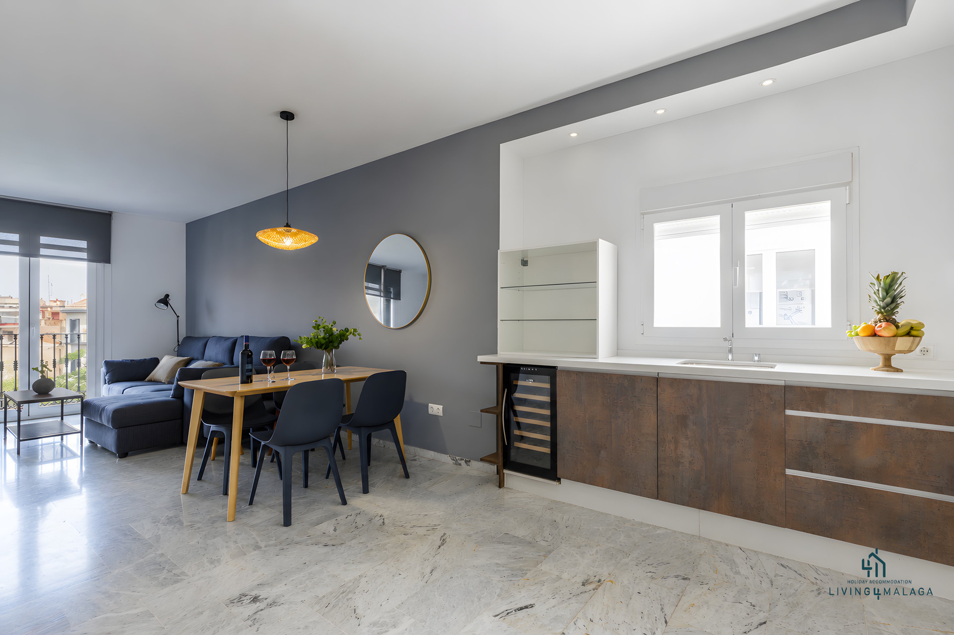 Kitchen counter with open living area