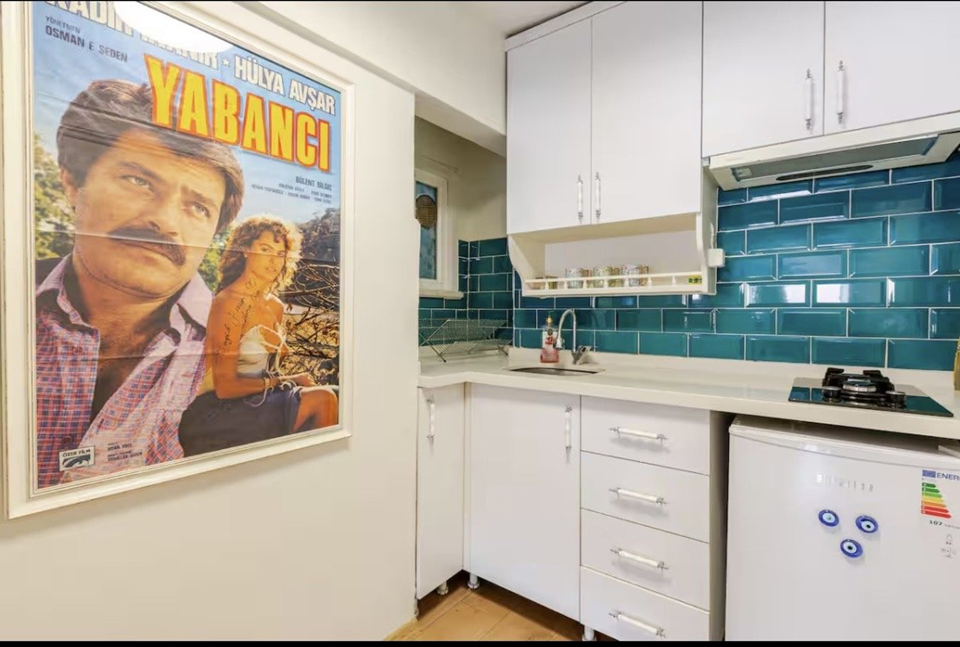 Kitchen with vintage movie poster