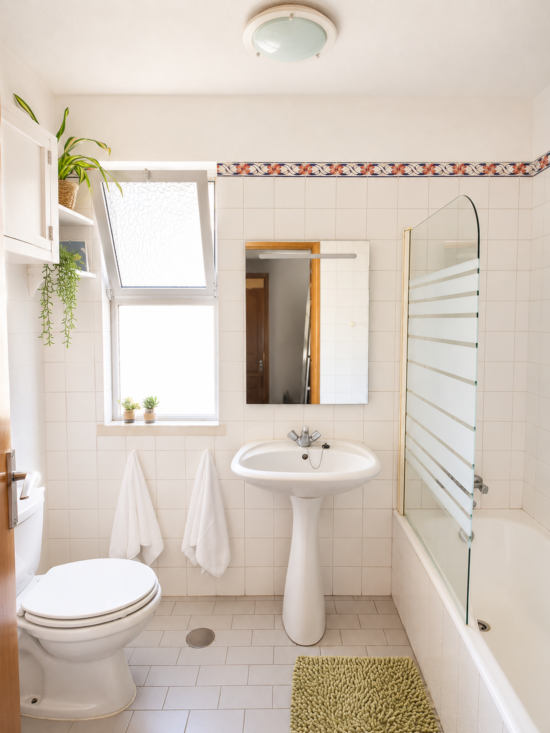 Bright bathroom with tub and window
