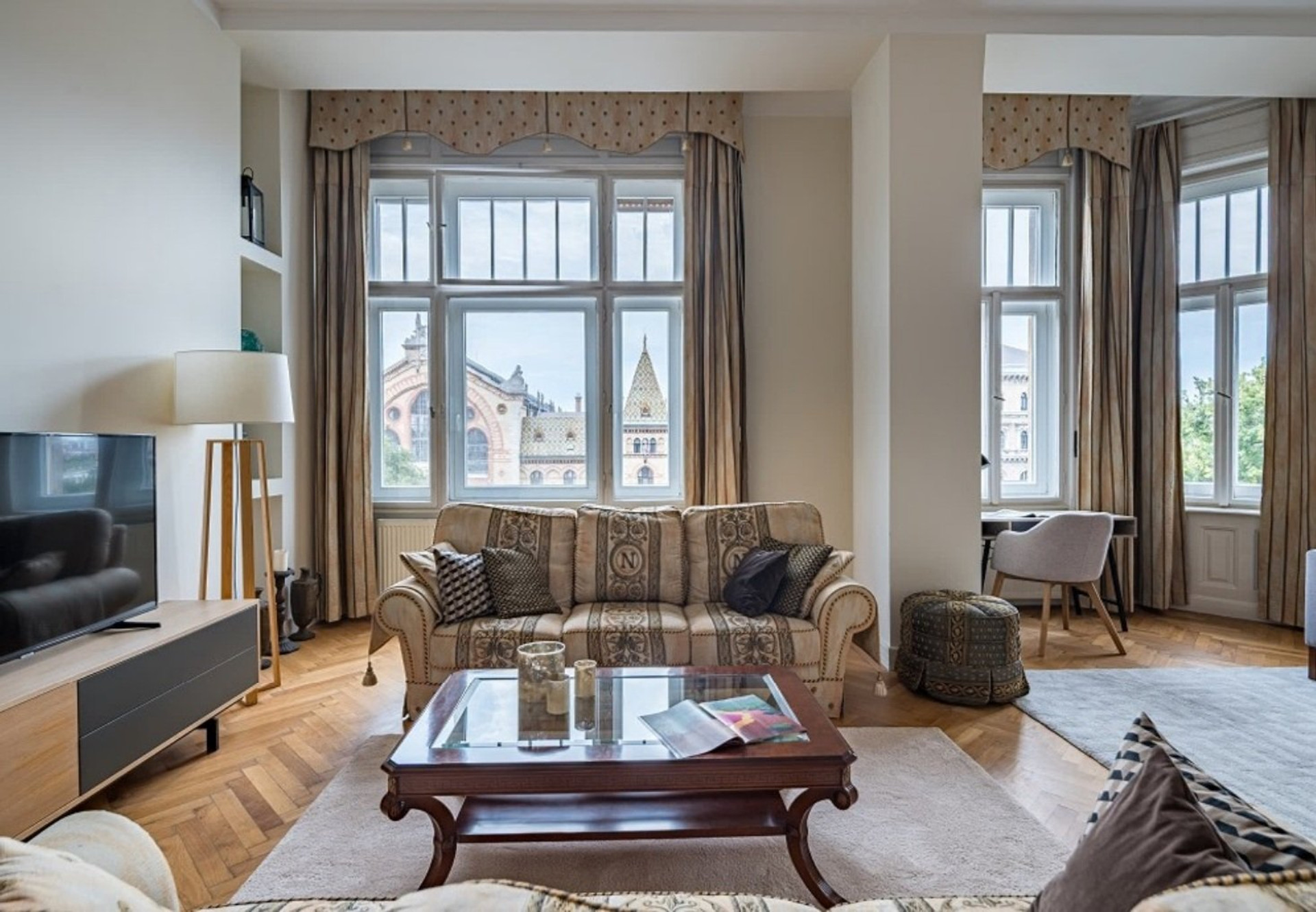 Living room with landmark window view