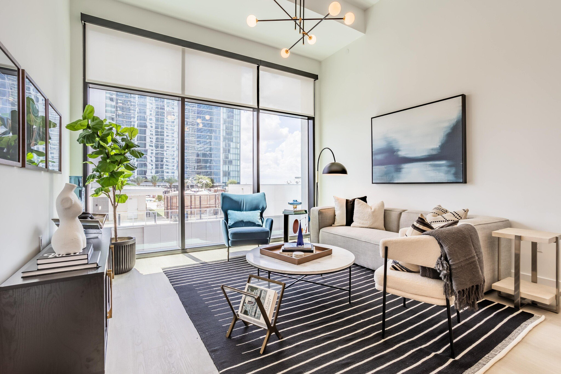 Staged living room with city views
