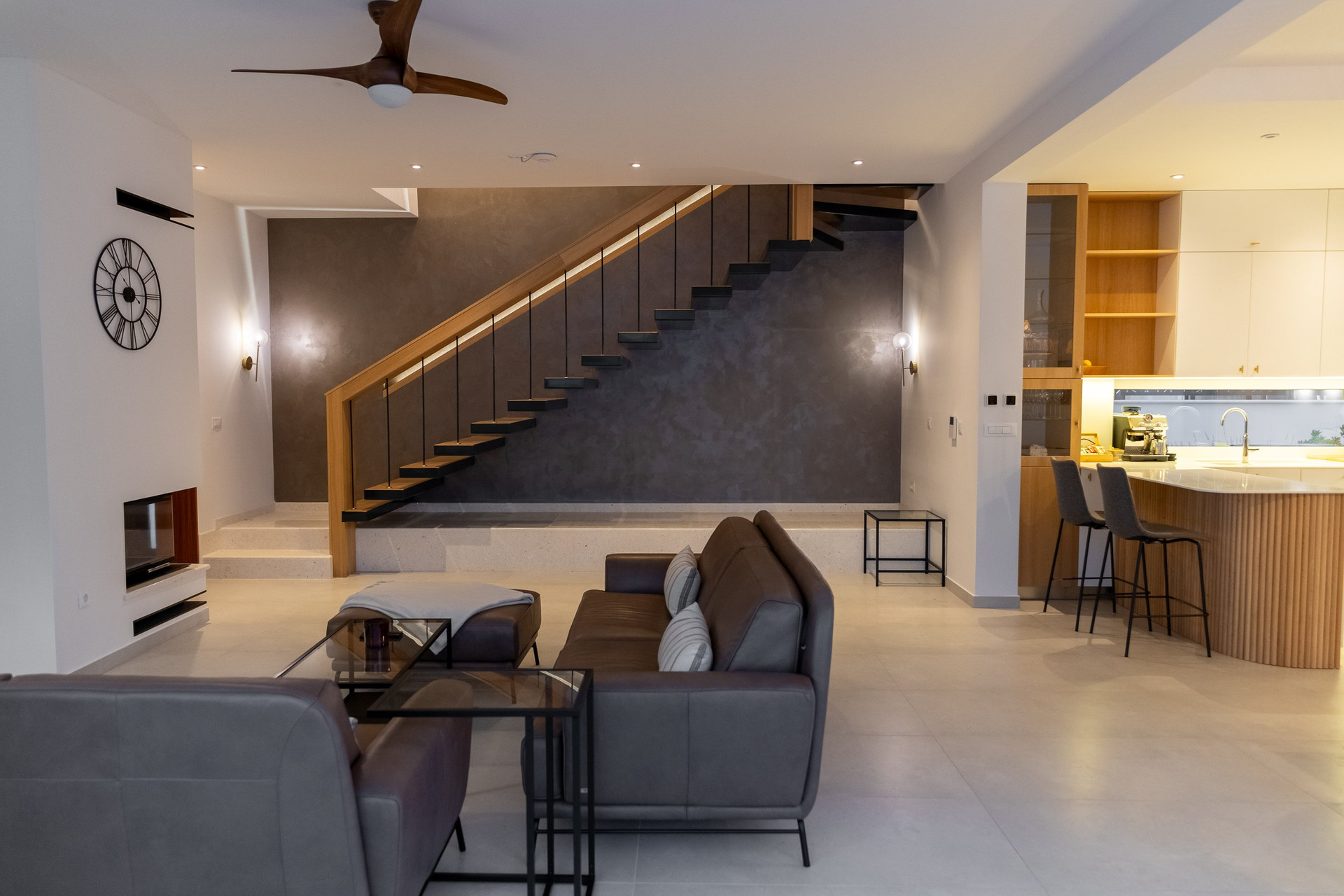 Open living room kitchen staircase