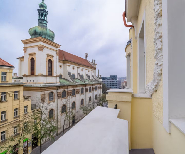 Chic Navy Studio with Balcony & Church View