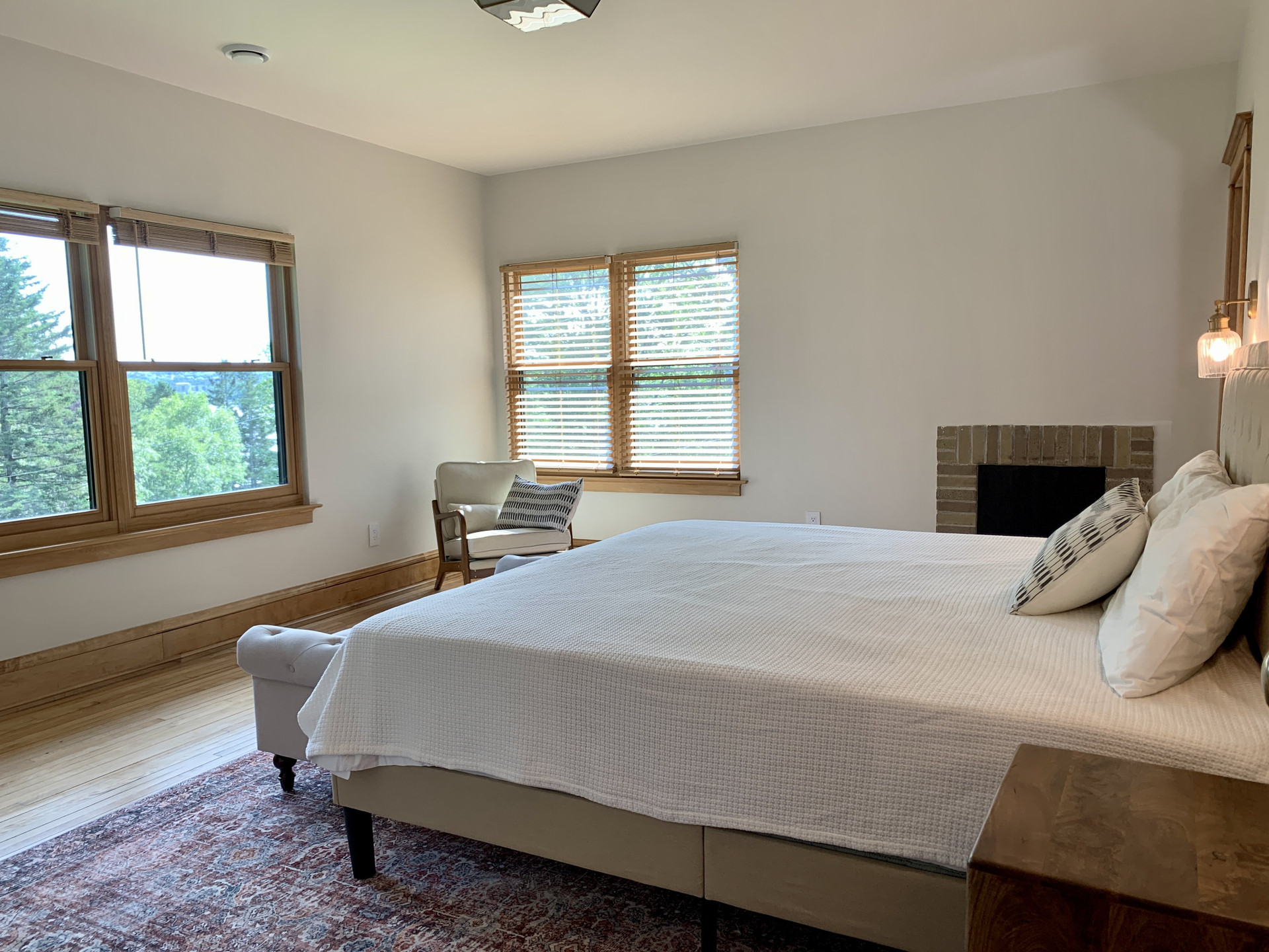Bedroom with fireplace and view