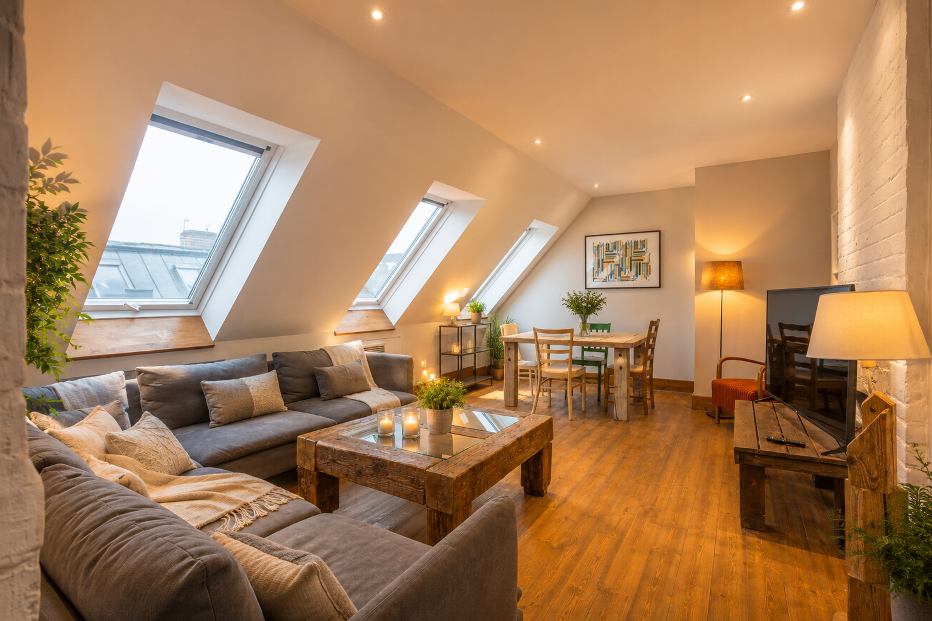 Living room with skylights and sofa