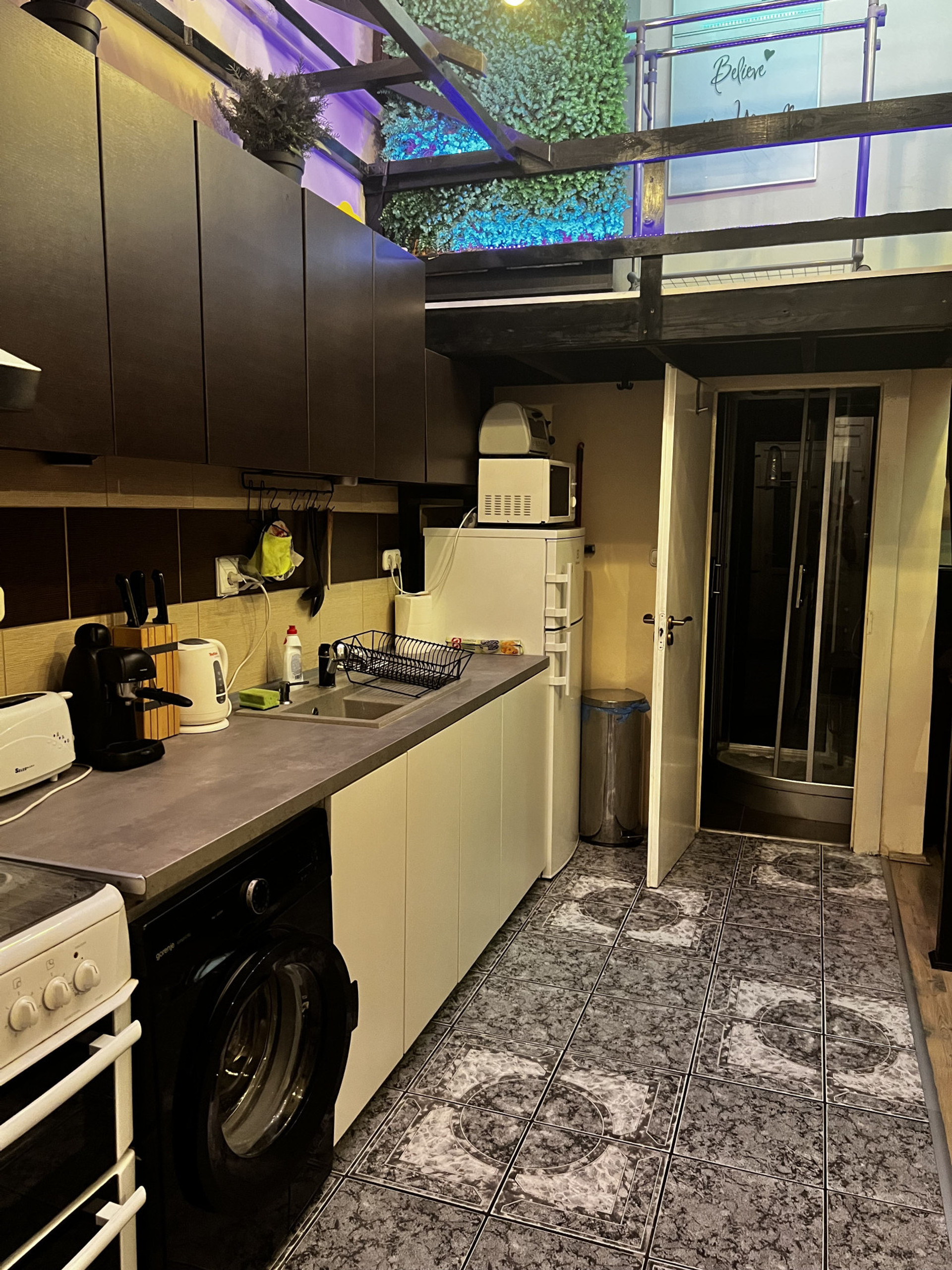 Kitchen area with shower cabin view