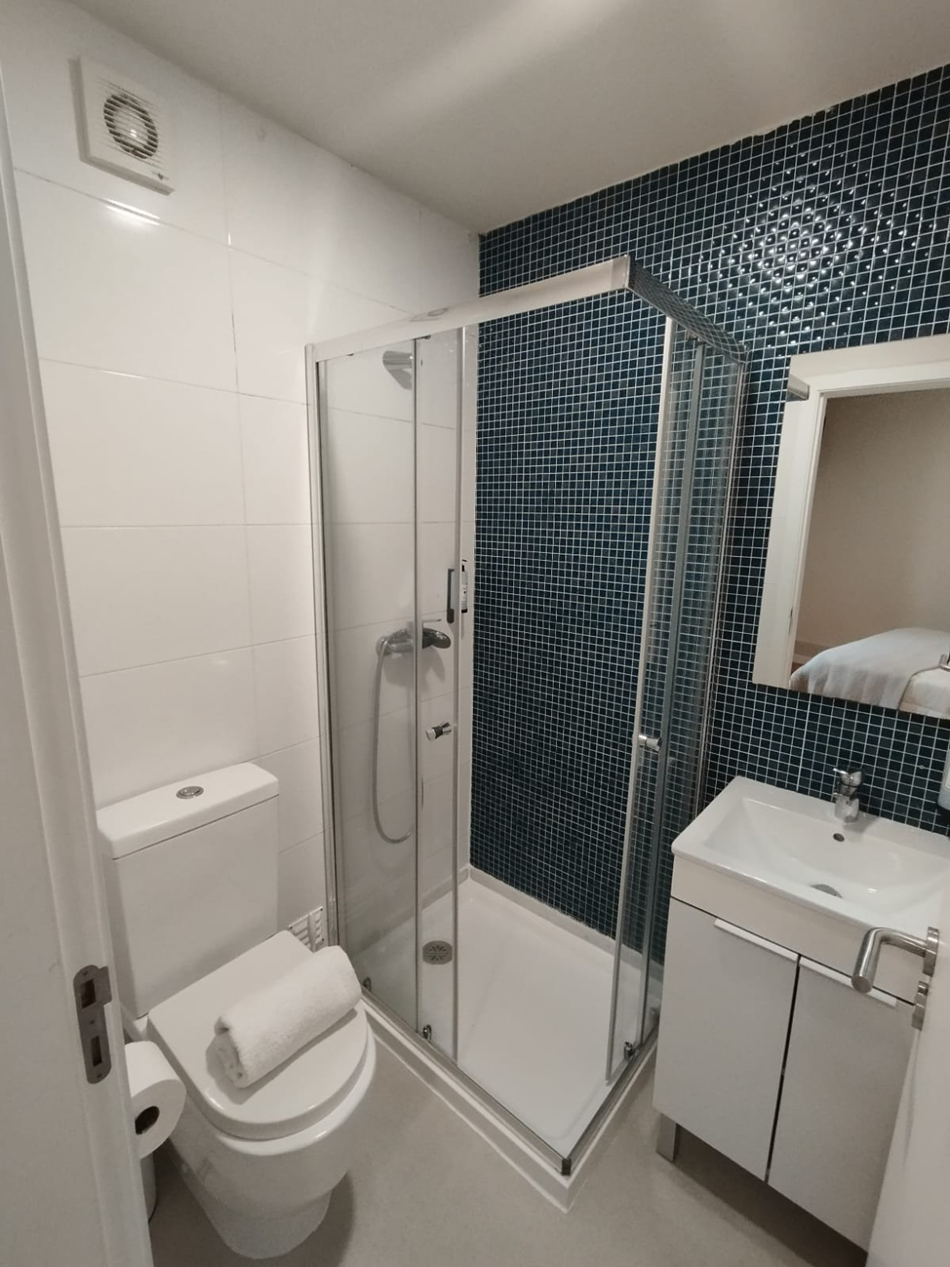 Bathroom with shower and blue tiles
