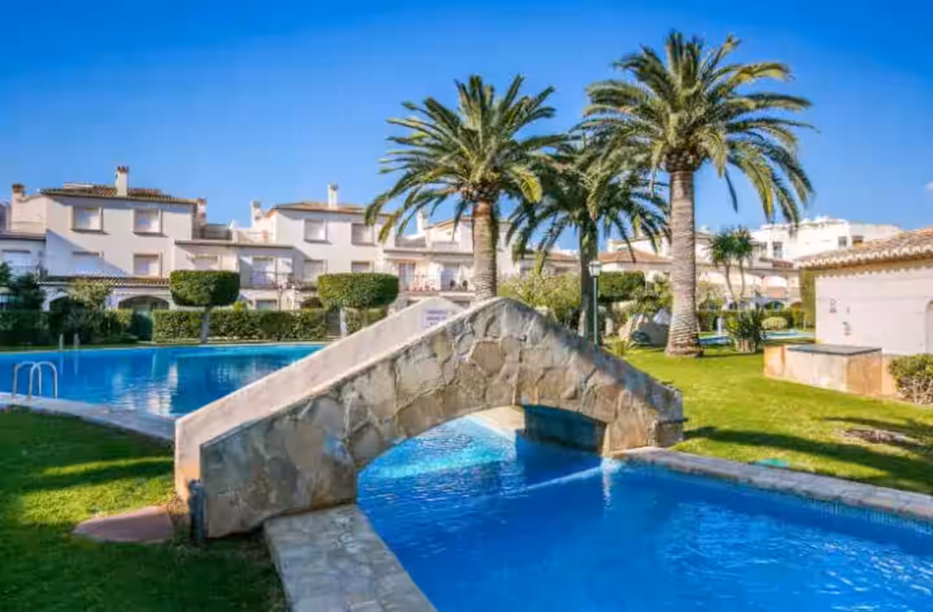 Pool bridge with palm trees