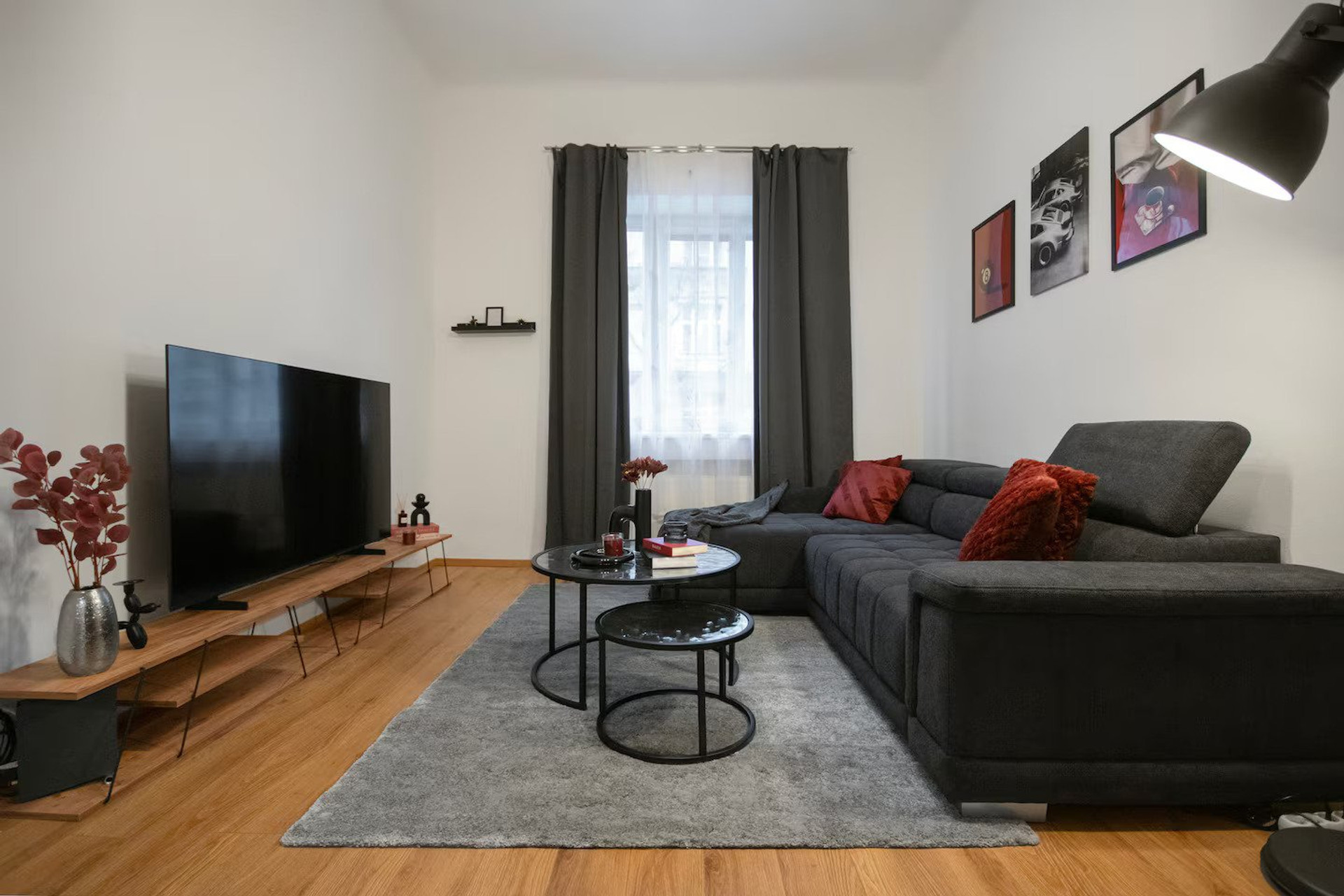 Living room with gray sectional sofa