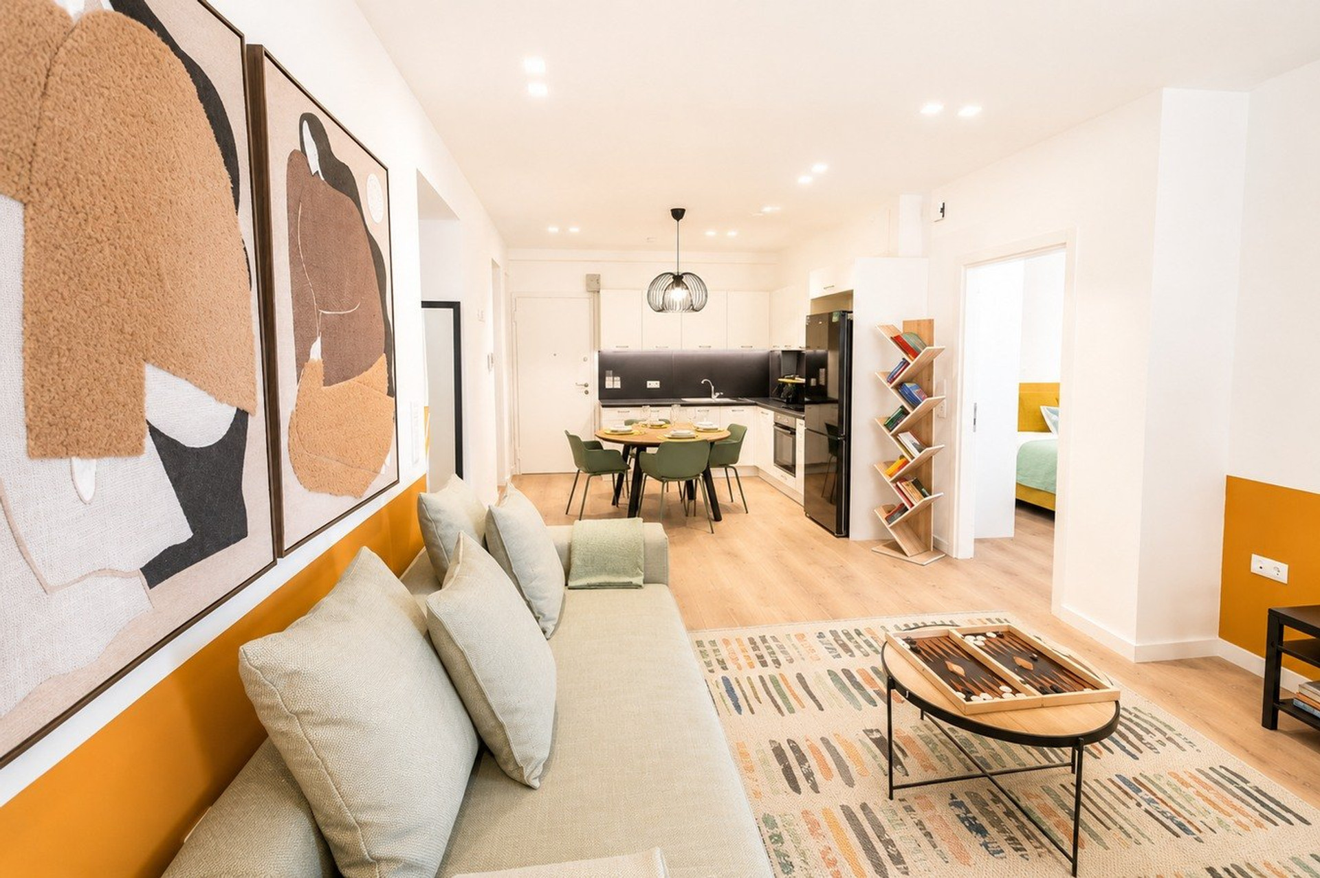 Open living, kitchen, dining area