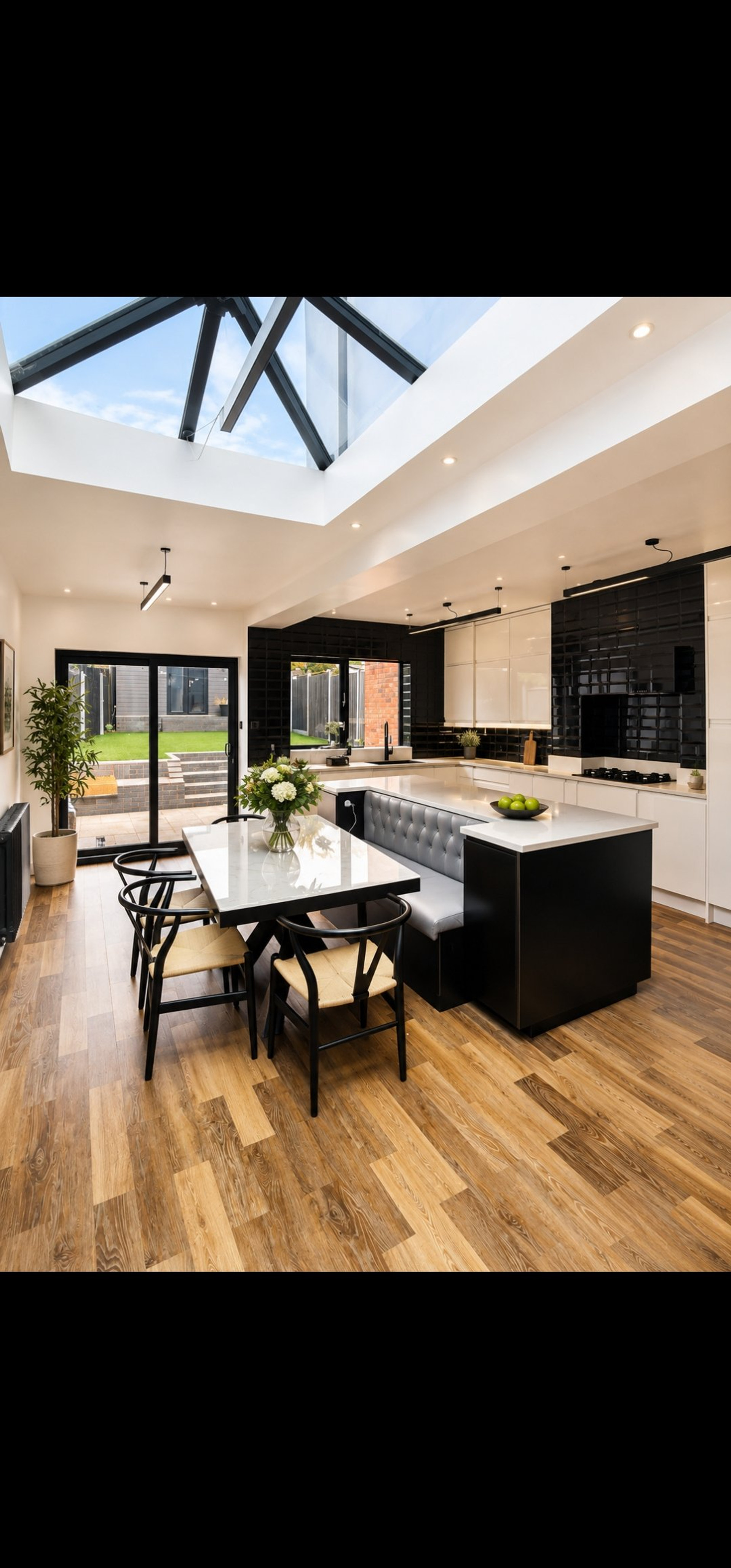 Open plan kitchen dining skylight