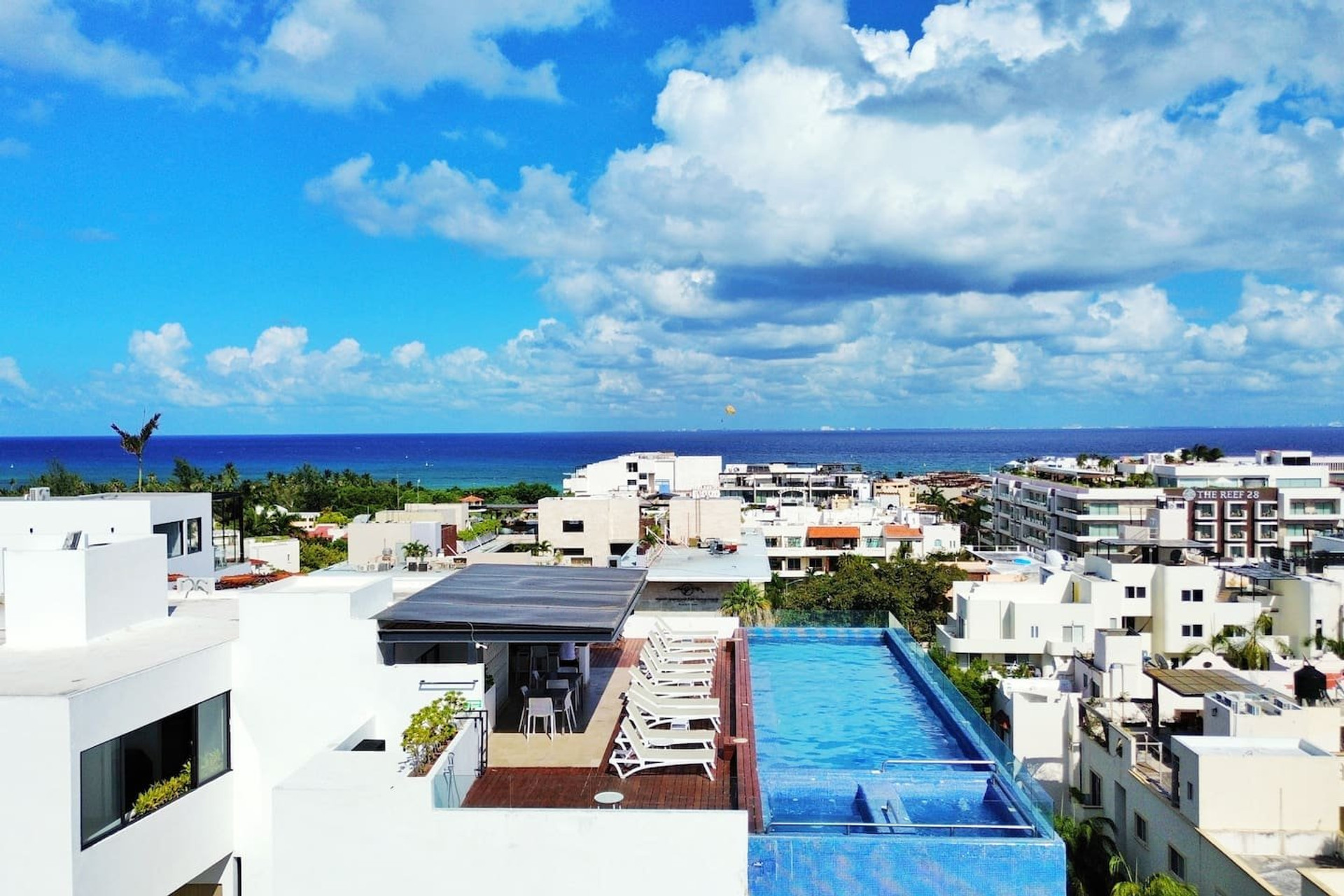 Pool deck city view