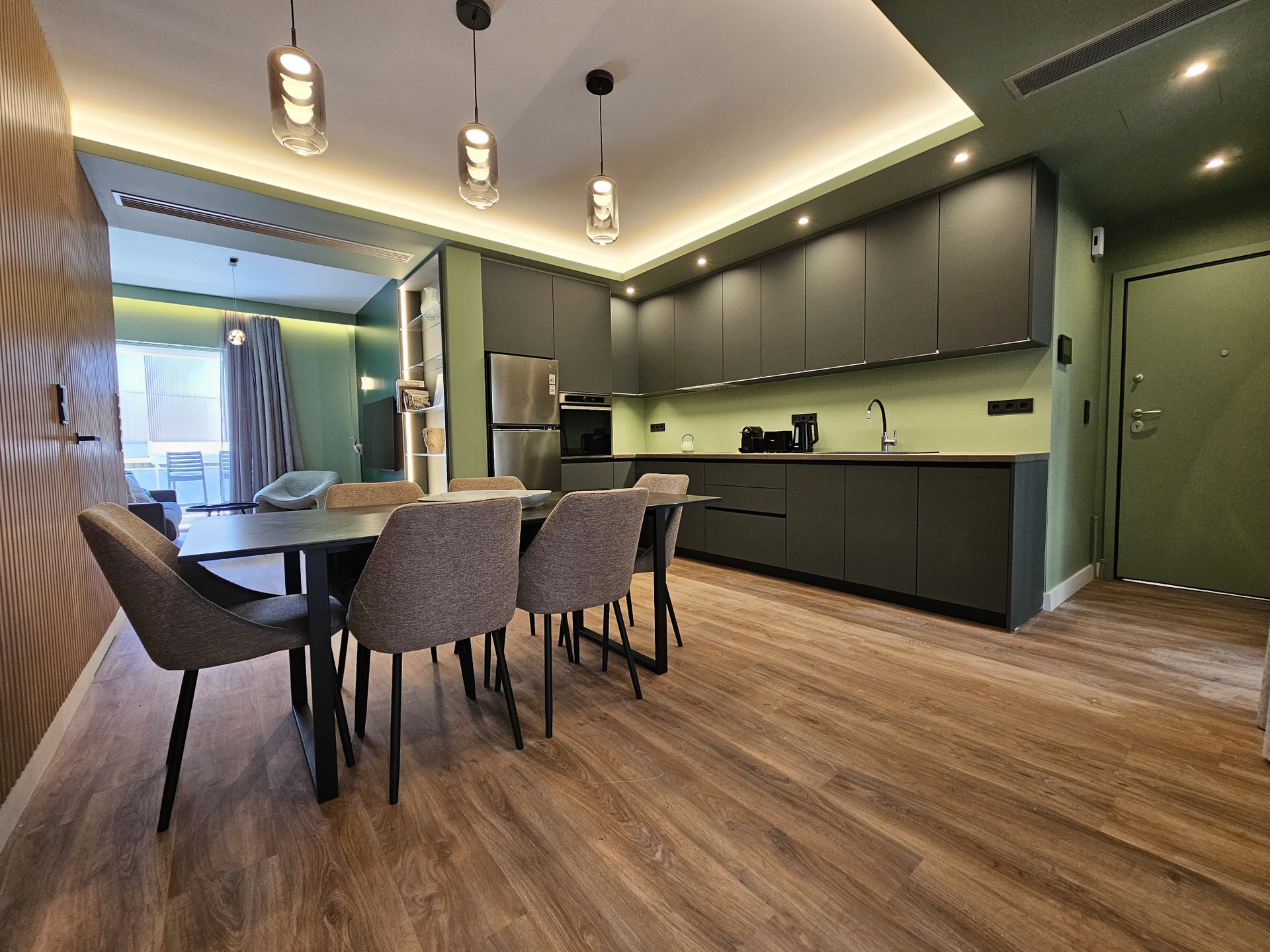Open kitchen and dining area