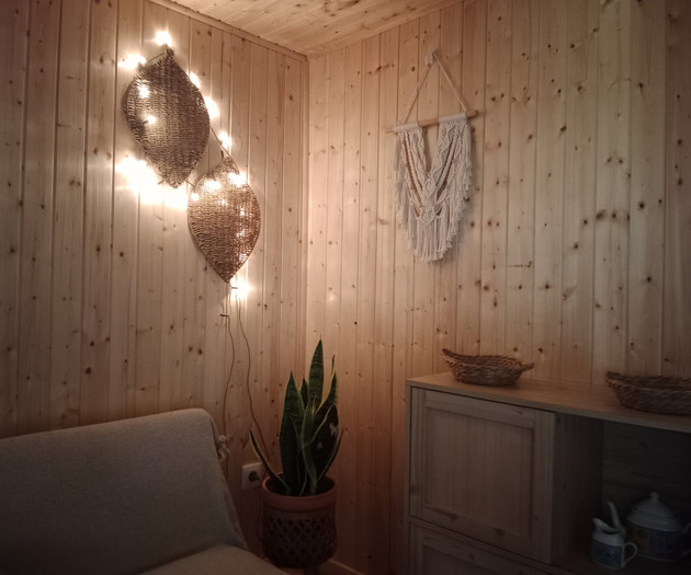 Cozy wood-paneled living corner