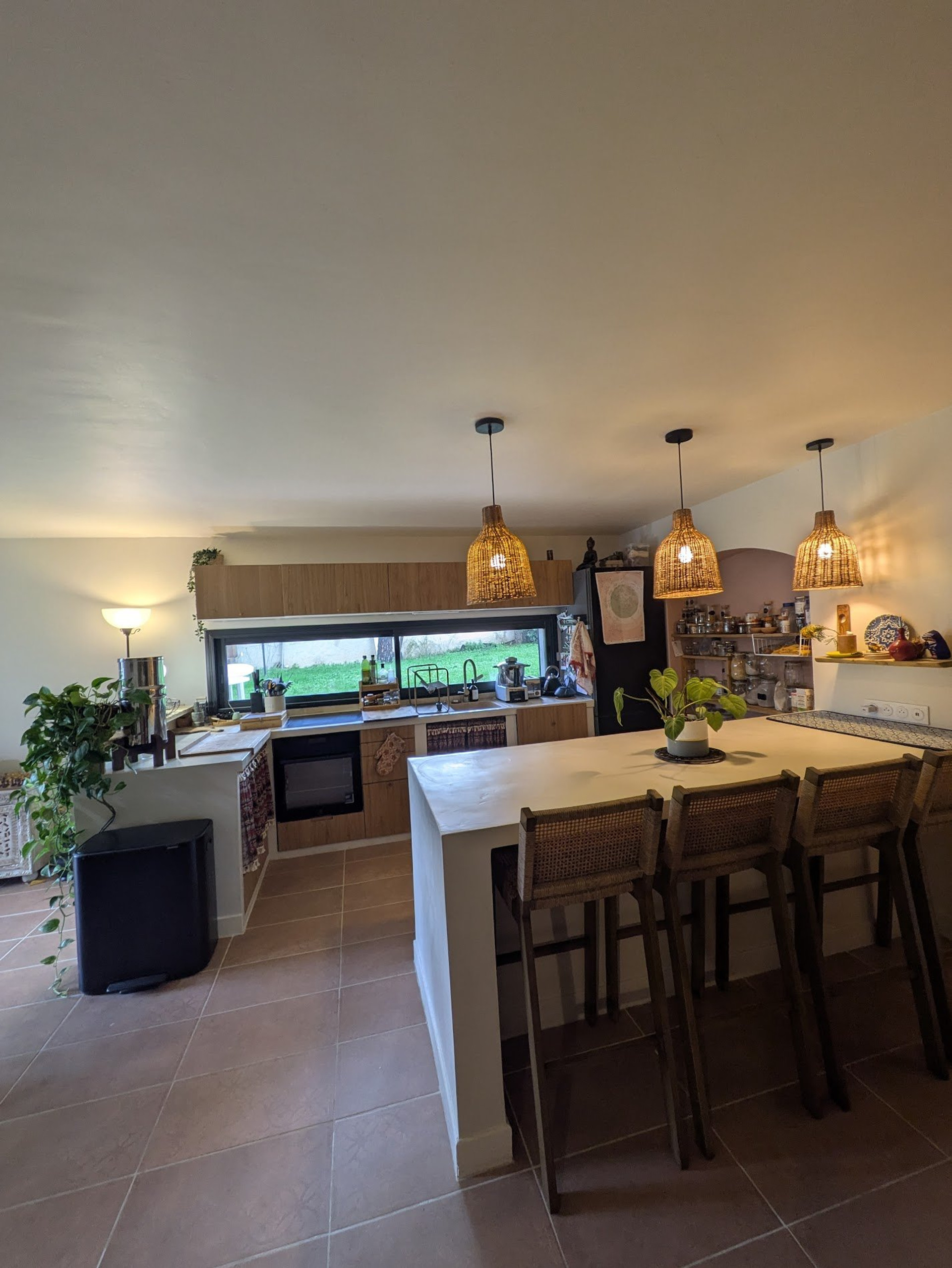 Spacious kitchen with bar seating