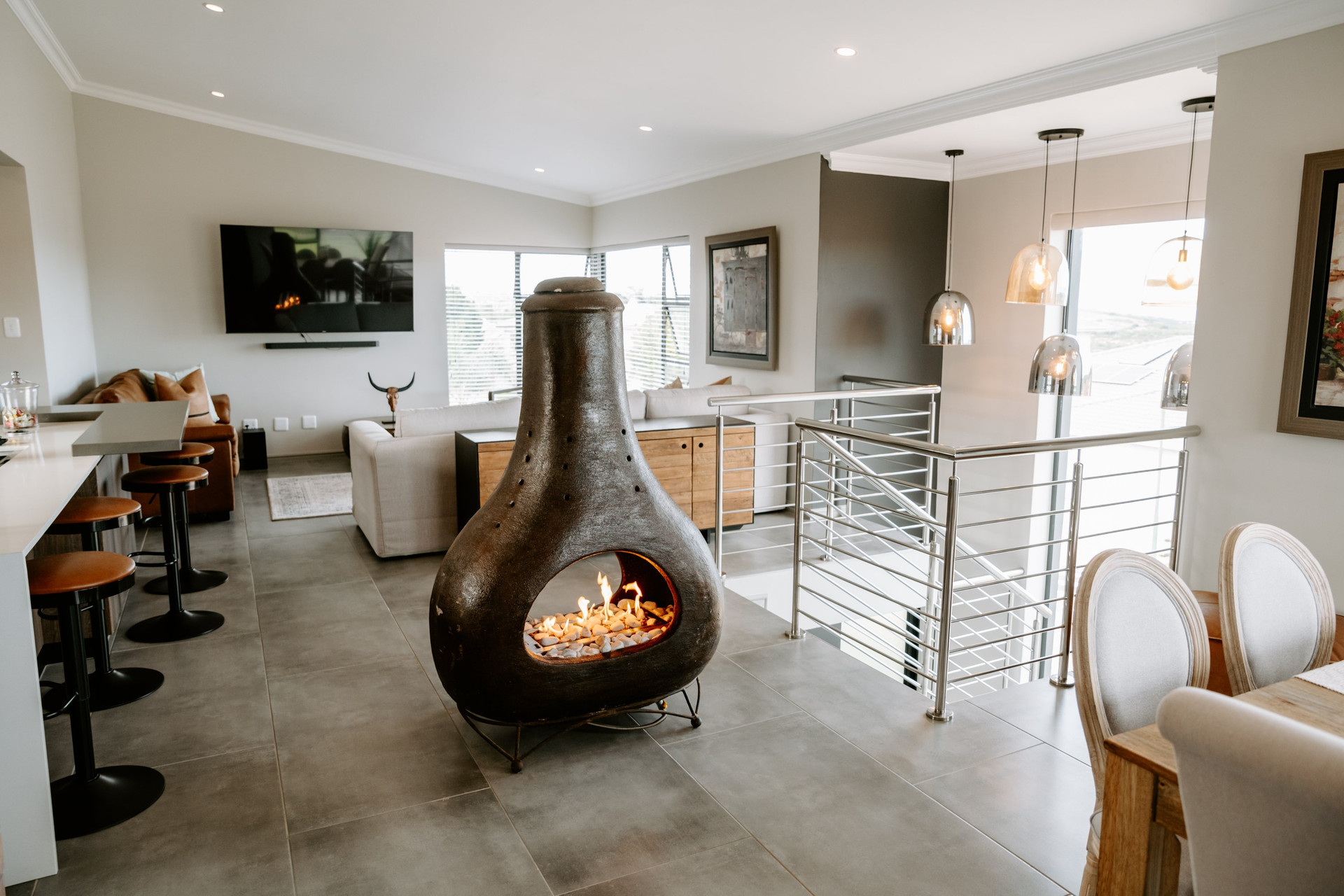 Open-plan living with fireplace
