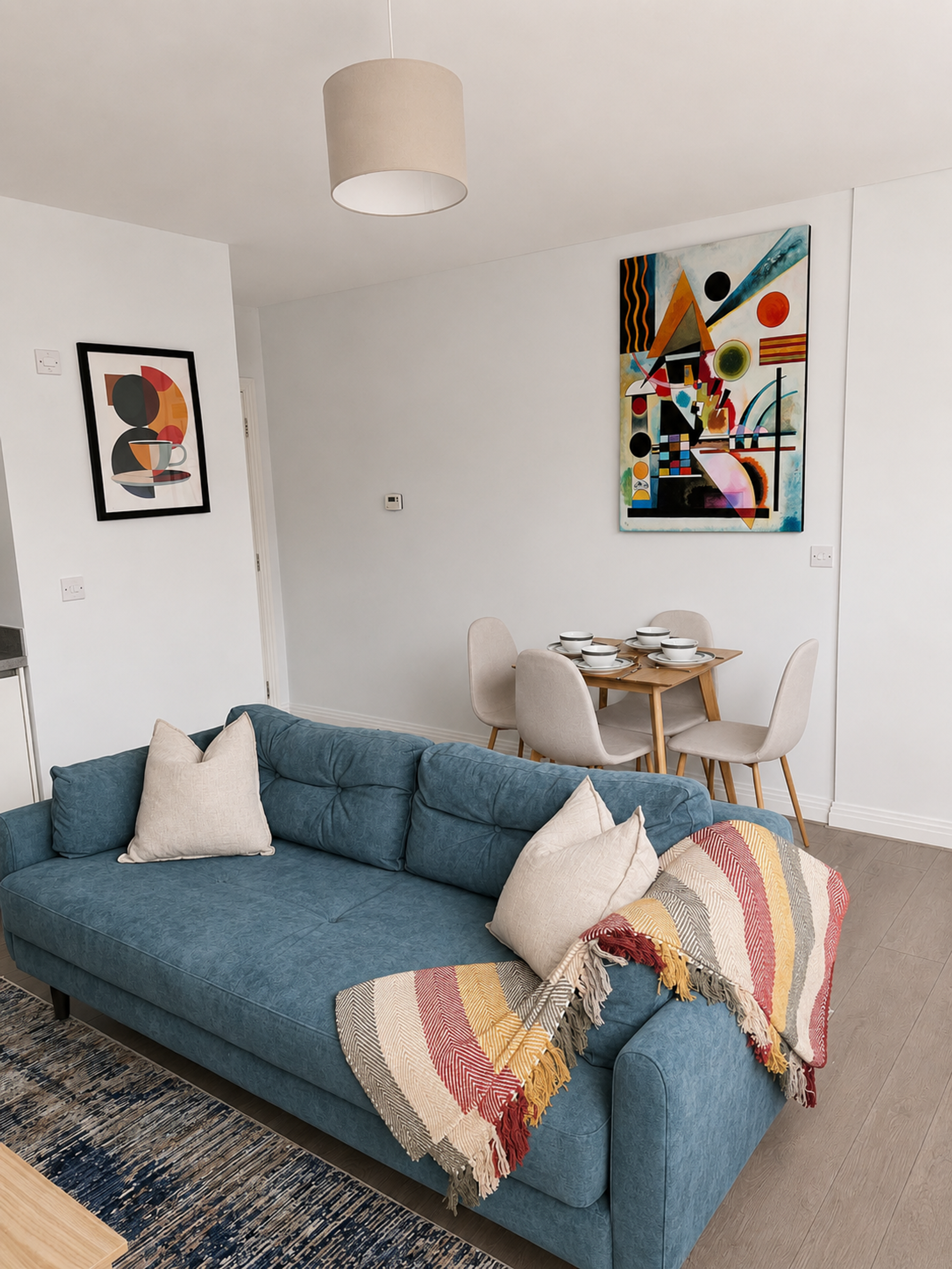 Living room with blue sofa