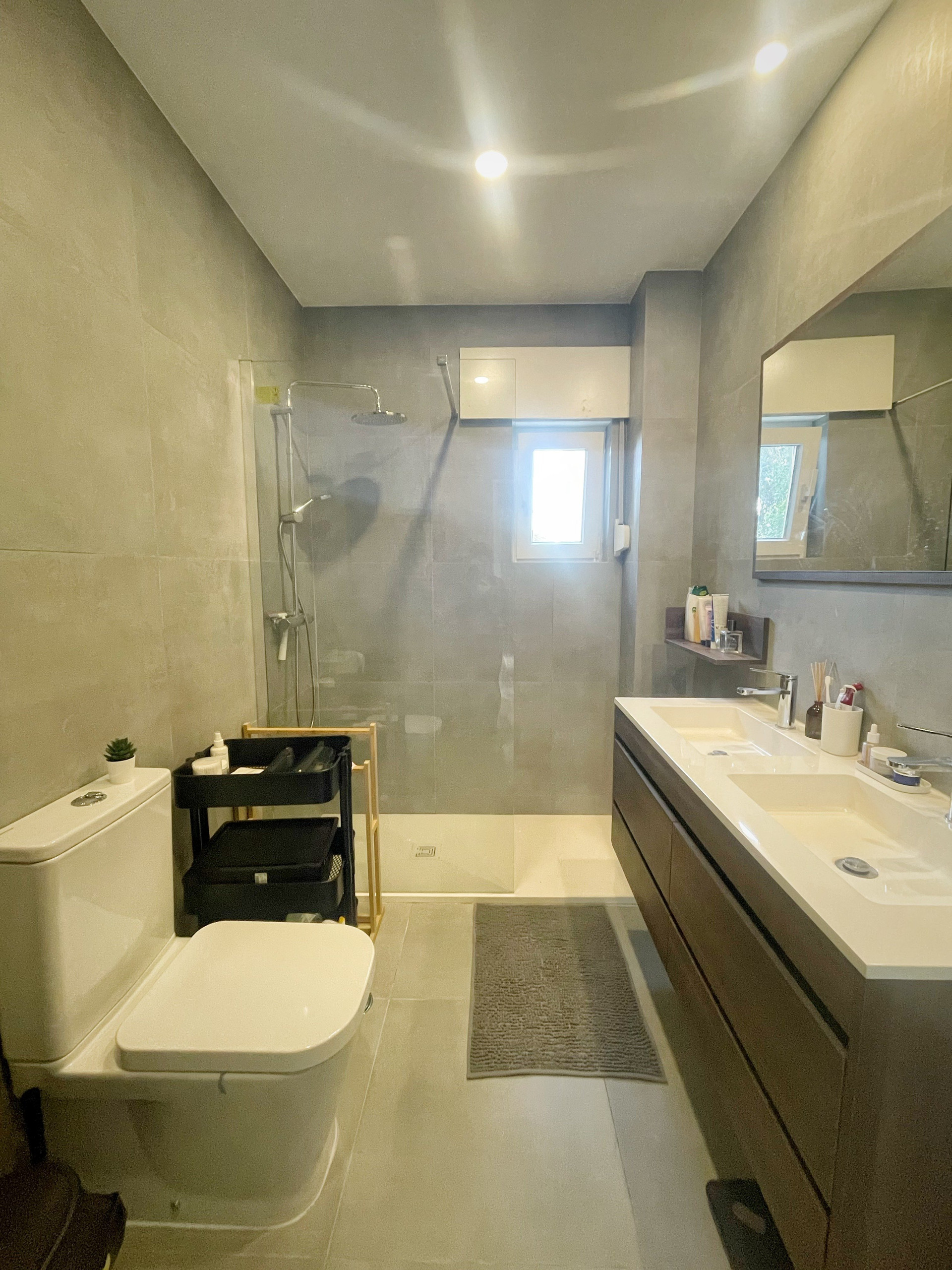 Modern bathroom with double sink shower