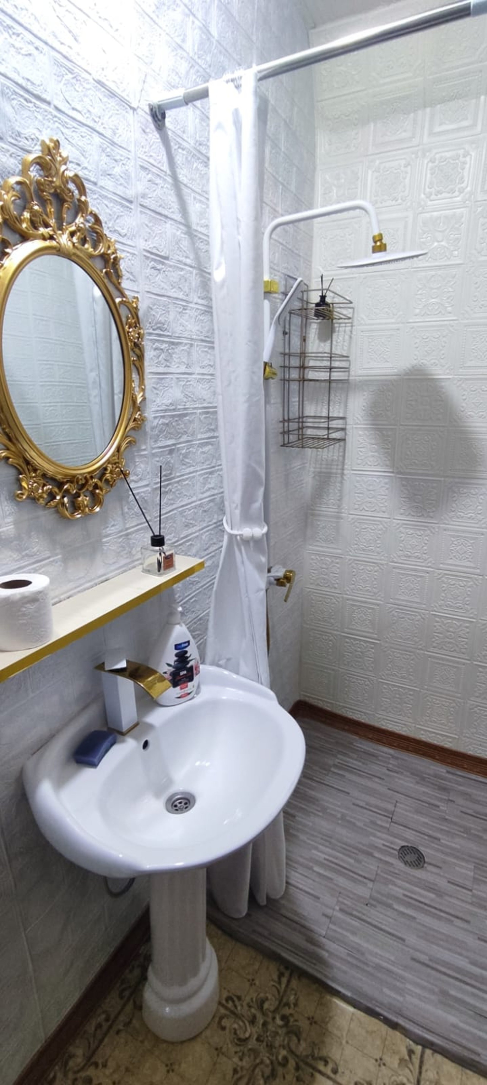 Bright bathroom with walk-in shower